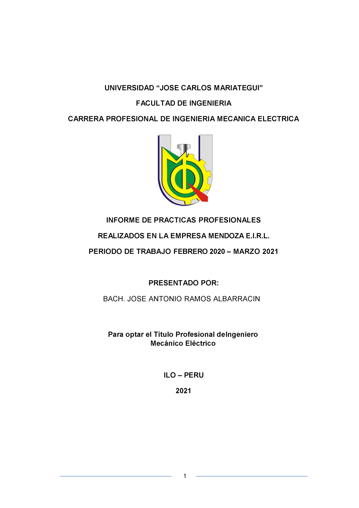 Informe - Practicas PRE- Profesional - UNIVERSIDAD “JOSE CARLOS ...