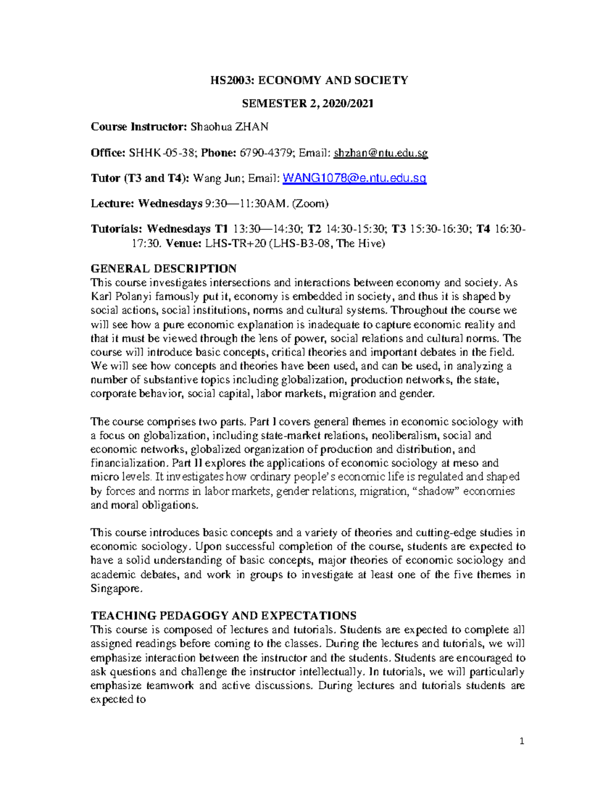 HS2003 2020 new syllabus - HS2003: ECONOMY AND SOCIETY SEMESTER 2, 2020 ...
