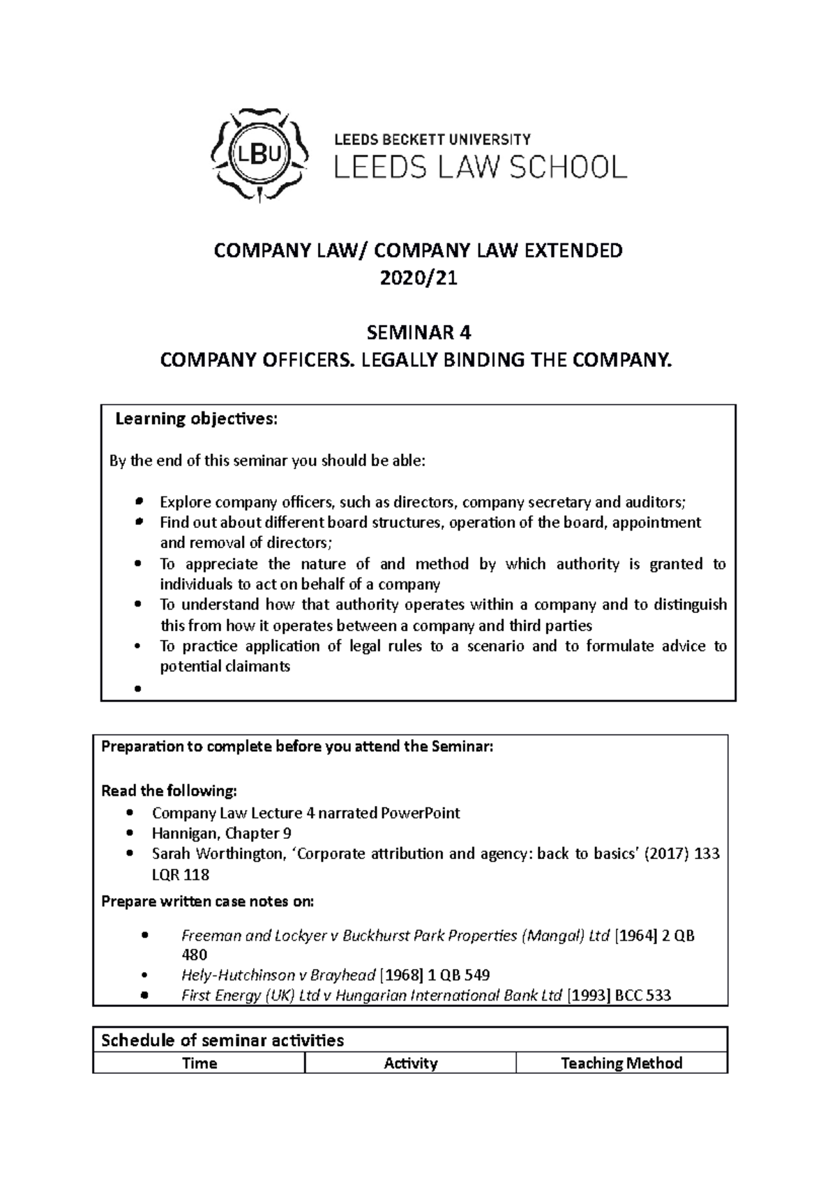Company Law Seminar 4 Week 4 Company Law Company Law Extended 2020 Company Law Seminar 4 Week 4 Company Law Company Law Extended 2020