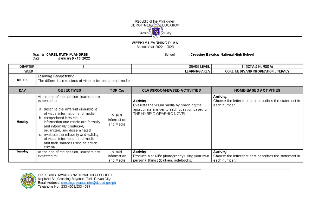 WLP - MIL January 4-6 - Weekly Learning Plan - Republic of the ...