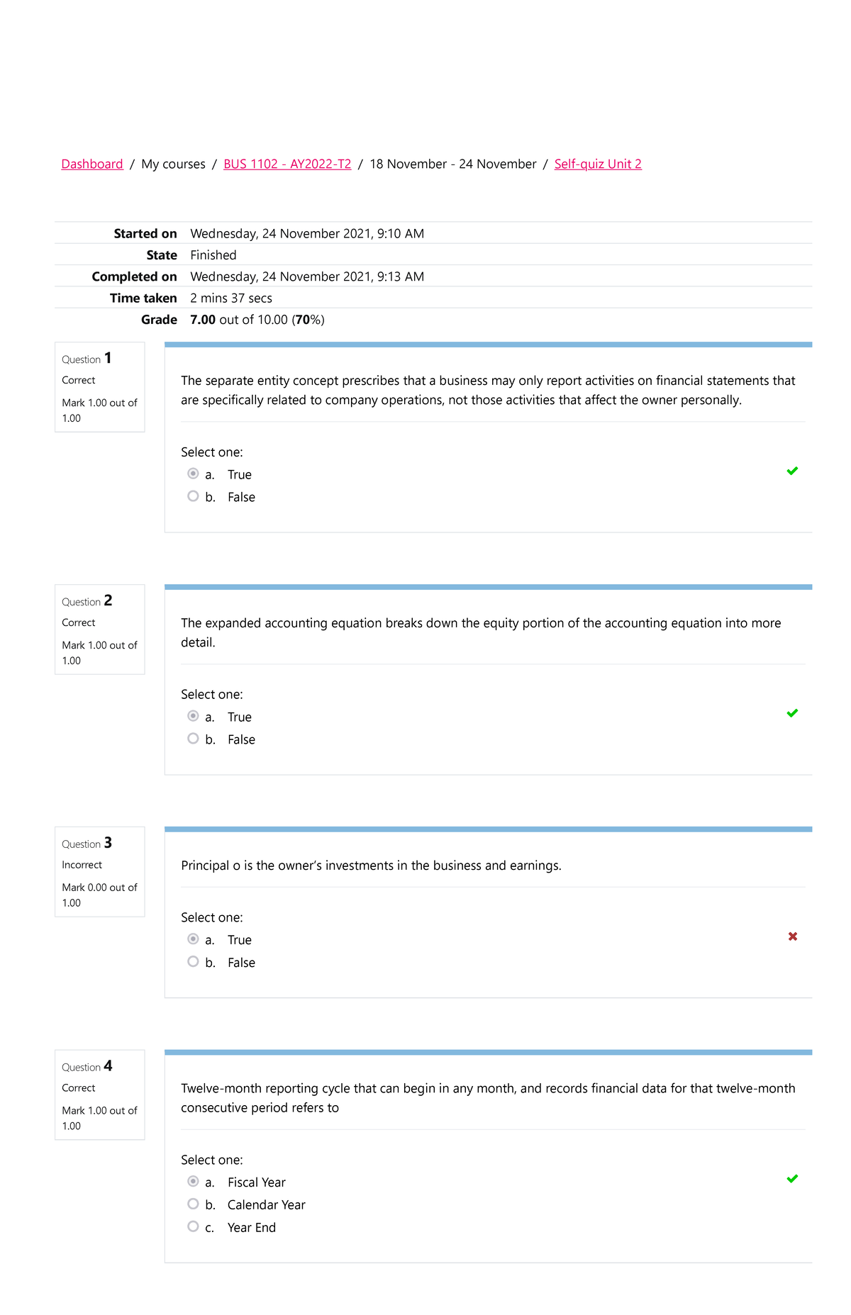 BUS 1102 Self-quiz Unit 2 Attempt Review - Question 1 Correct Mark 1 ...