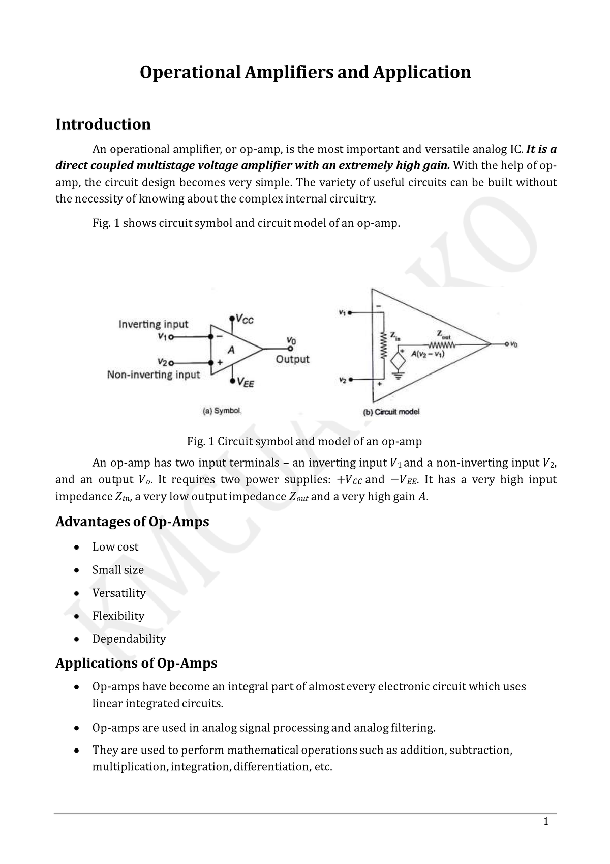 Operational-Amplifier Notes - 1 Operational Amplifiers And Application ...