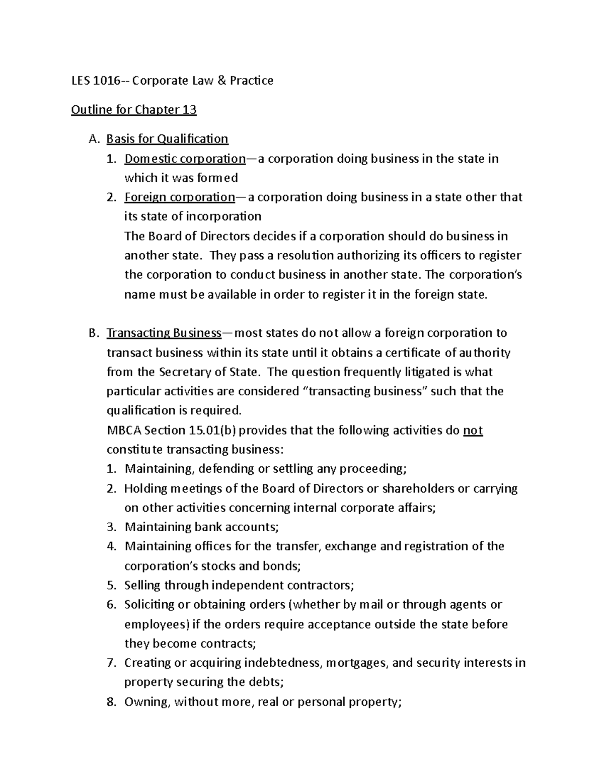 Corporate Law OutlineChapter 13 LES 1016 Corporate Law & Practice