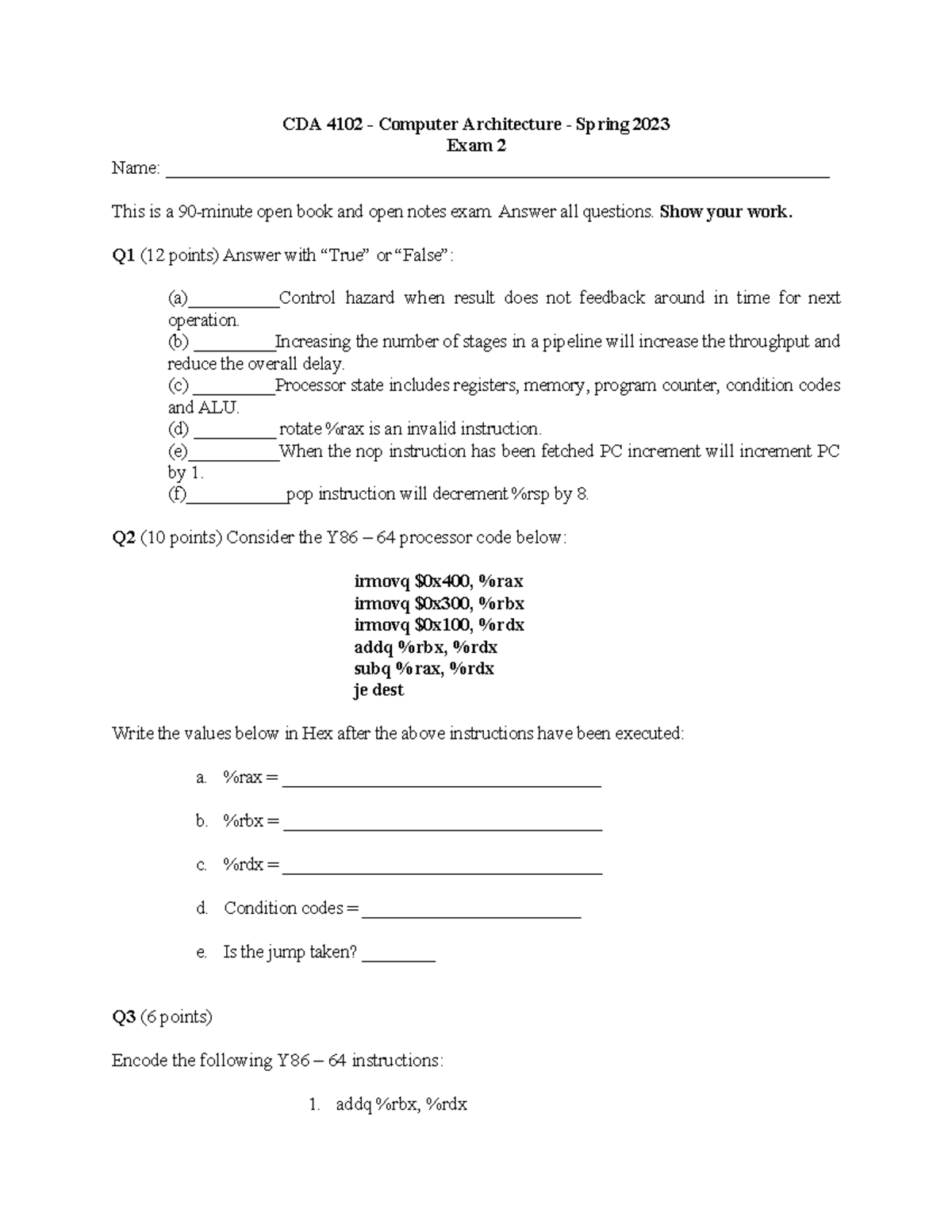 Exam2 spring2023 - CDA 4102 - Computer Architecture - Spring 2023 Exam ...