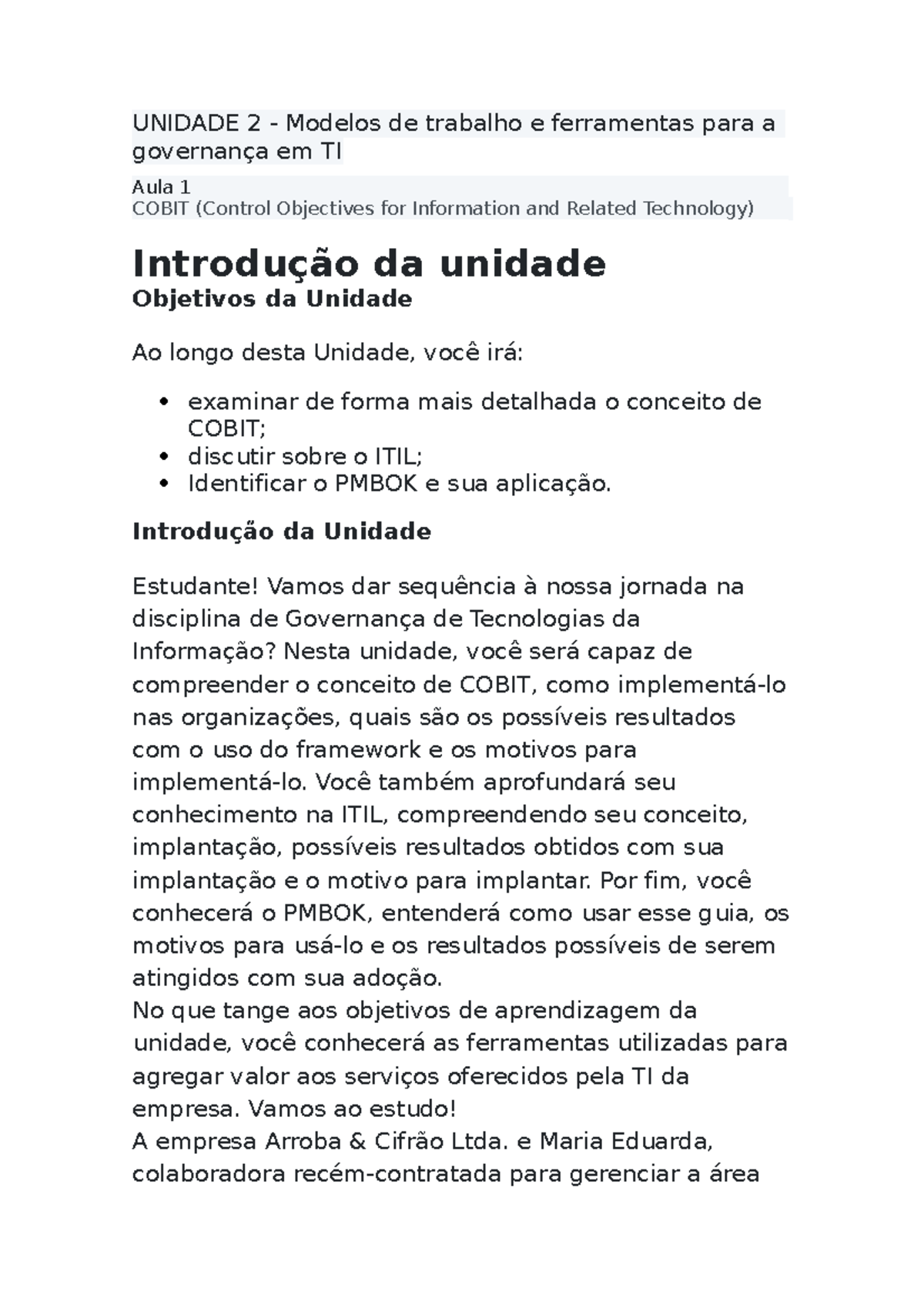 Unidade 2 Governança De Tecnologia Da Informação - Copia - UNIDADE 2 ...