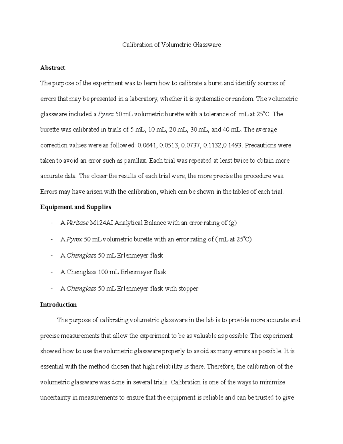 Calibration of Glassware Lab Calibration of Volumetric Glassware