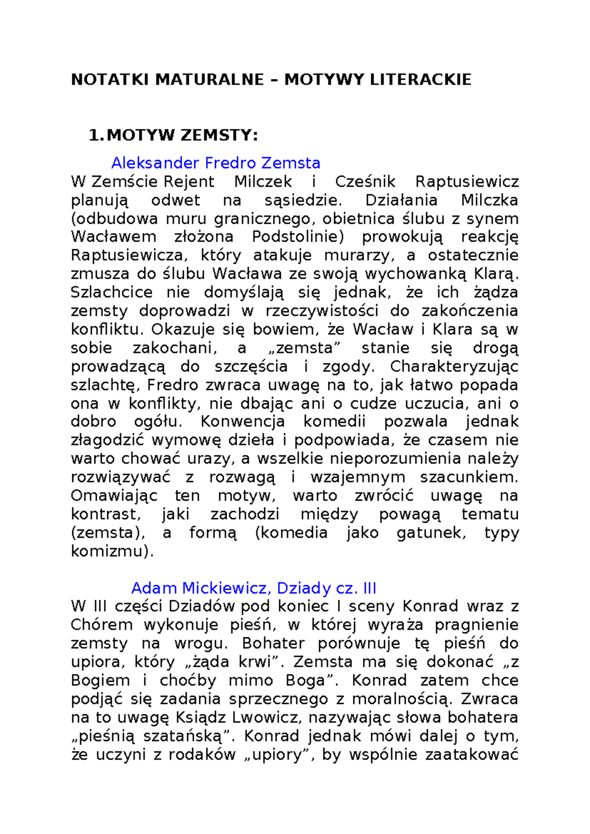 Kopia-motywy - Notatki - NOTATKI MATURALNE – MOTYWY LITERACKIE 1 ZEMSTY ...