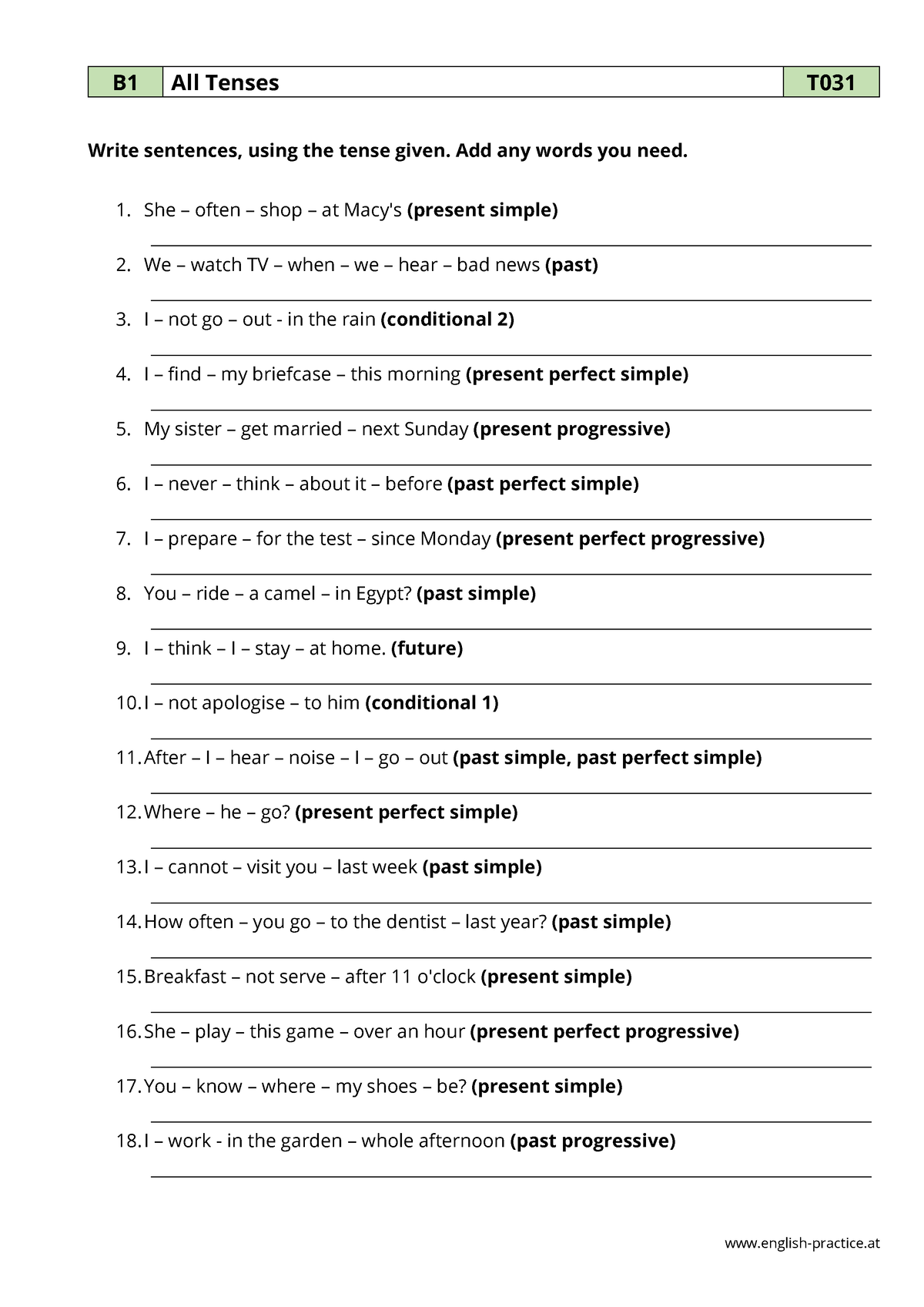 T 031 All Tenses Sentence Building - English-practice B1 All Tenses T ...