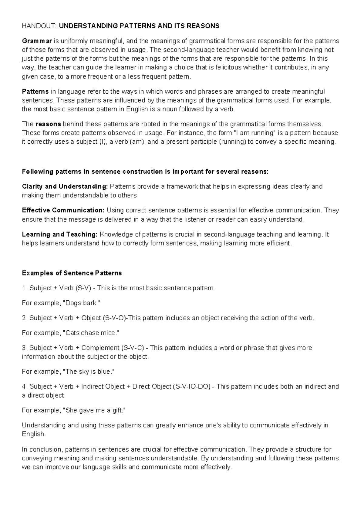 Patterns NOT Rules IN Grammar - HANDOUT: UNDERSTANDING PATTERNS AND ITS ...