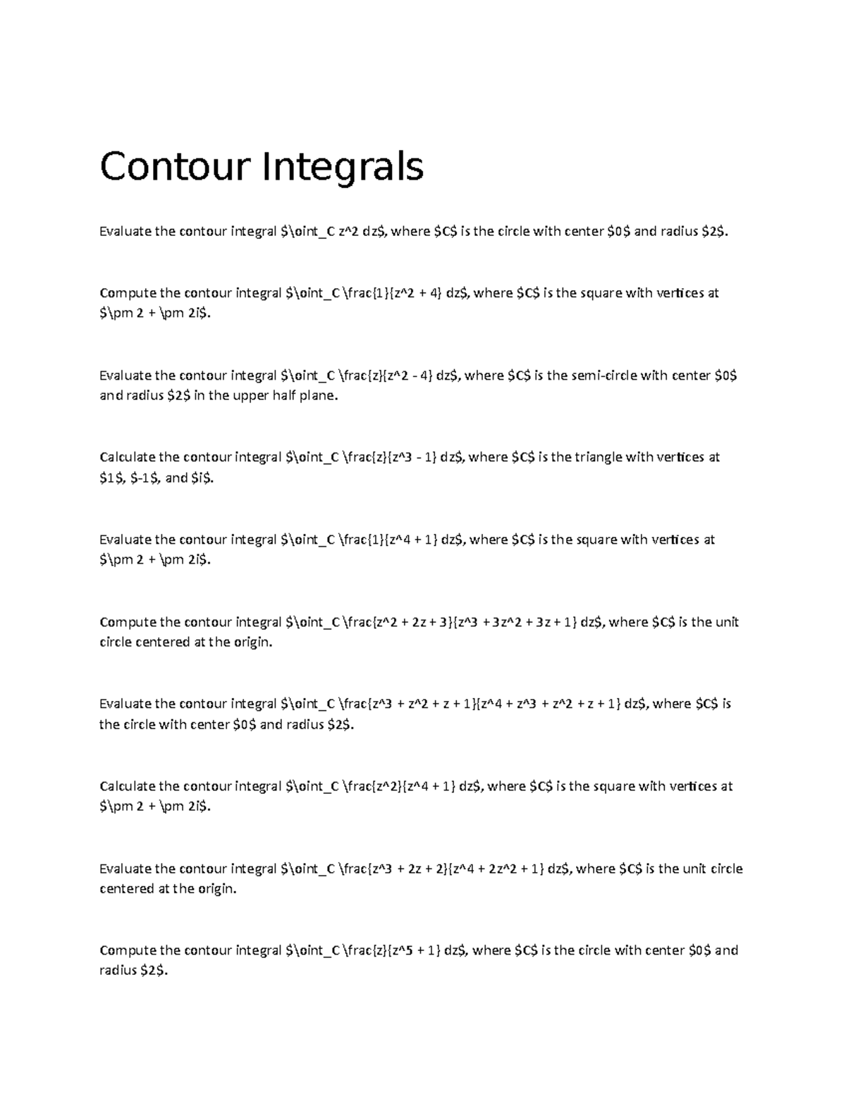 Contour Integrals - Self-made Worksheet For Calculus 3 - Contour ...