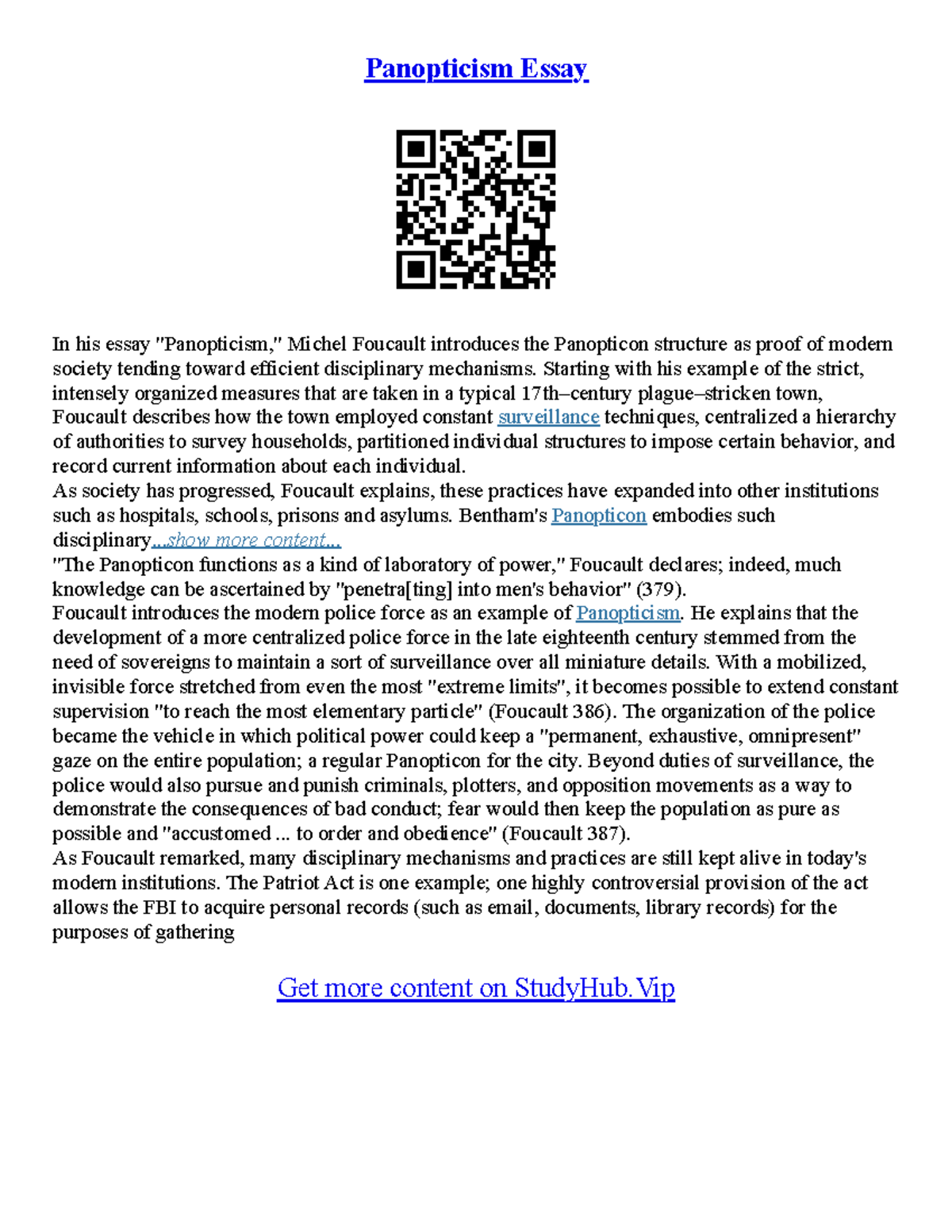 Panopticism Essay - Starting with his example of the strict, intensely ...