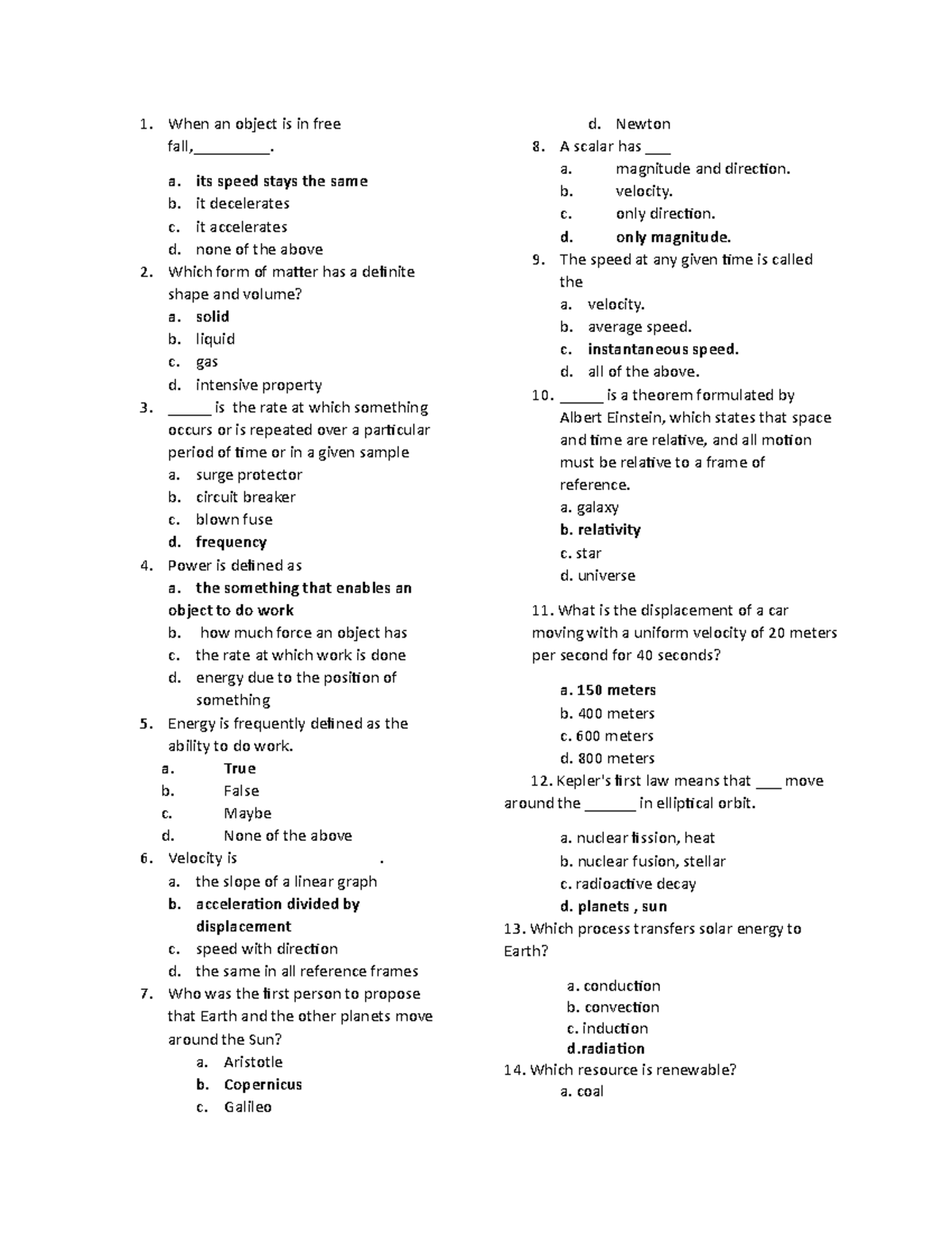 PRE-TEST Answer KEY - just notes - When an object is in free fall ...