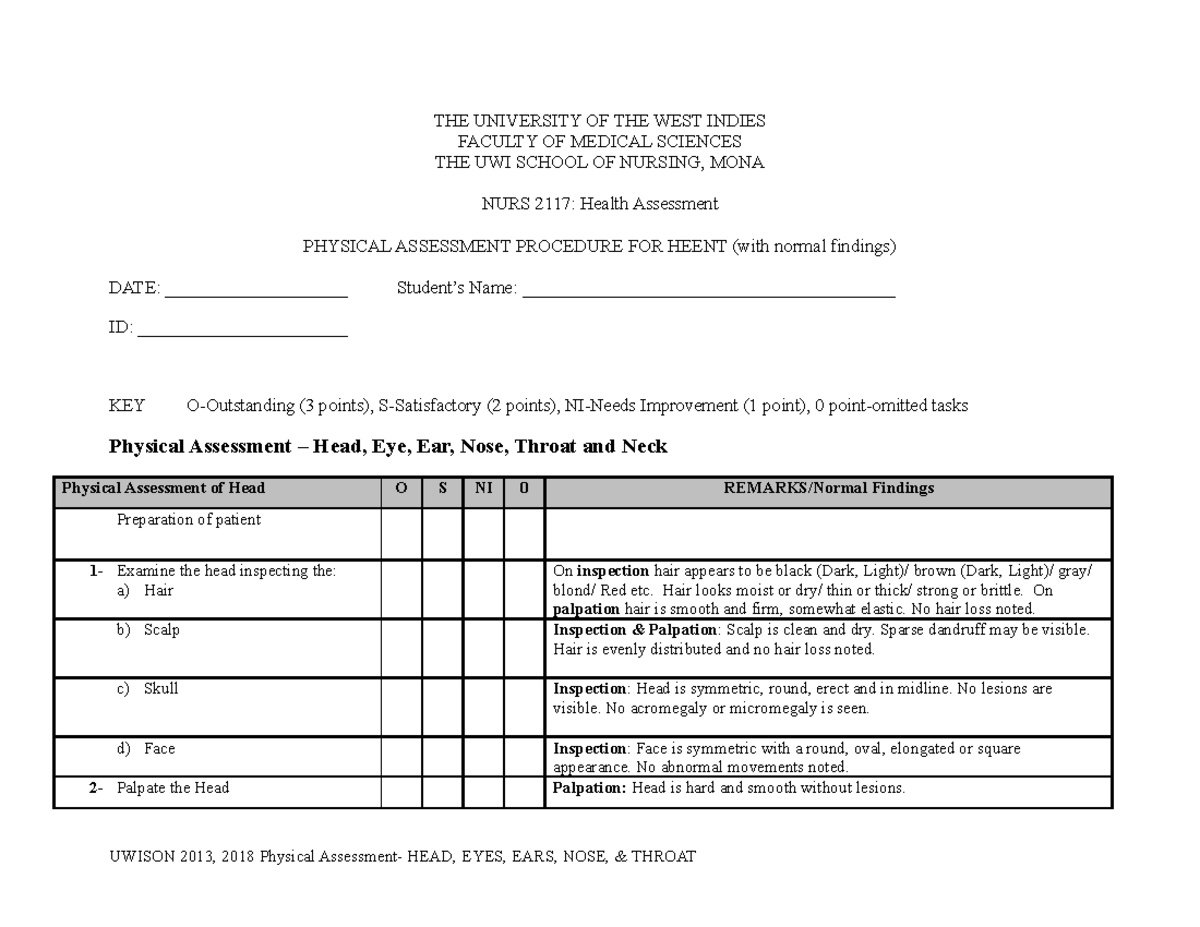 2019 Procedure FOR Heent with normal findings Final - Risk & treasury ...