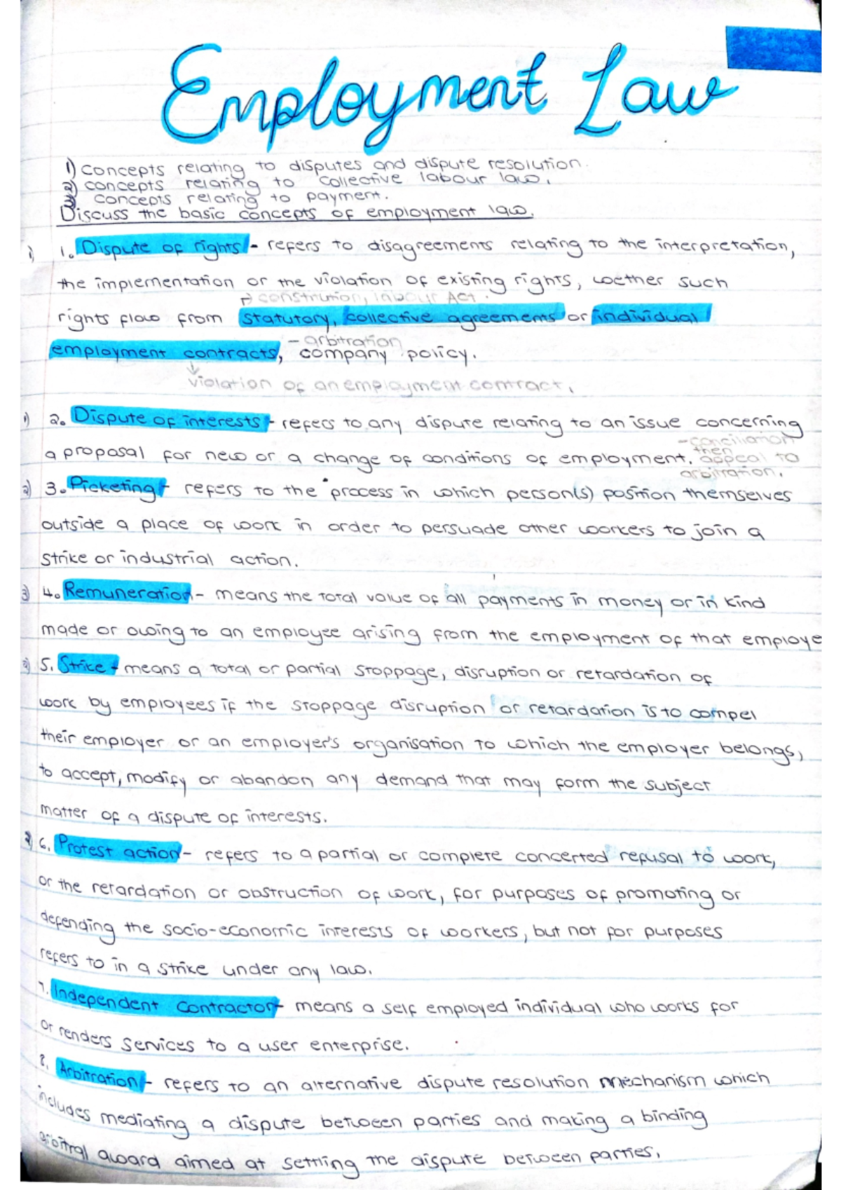 Document 18 - Notes - Employment Law 1) concepts relating to disputes ...