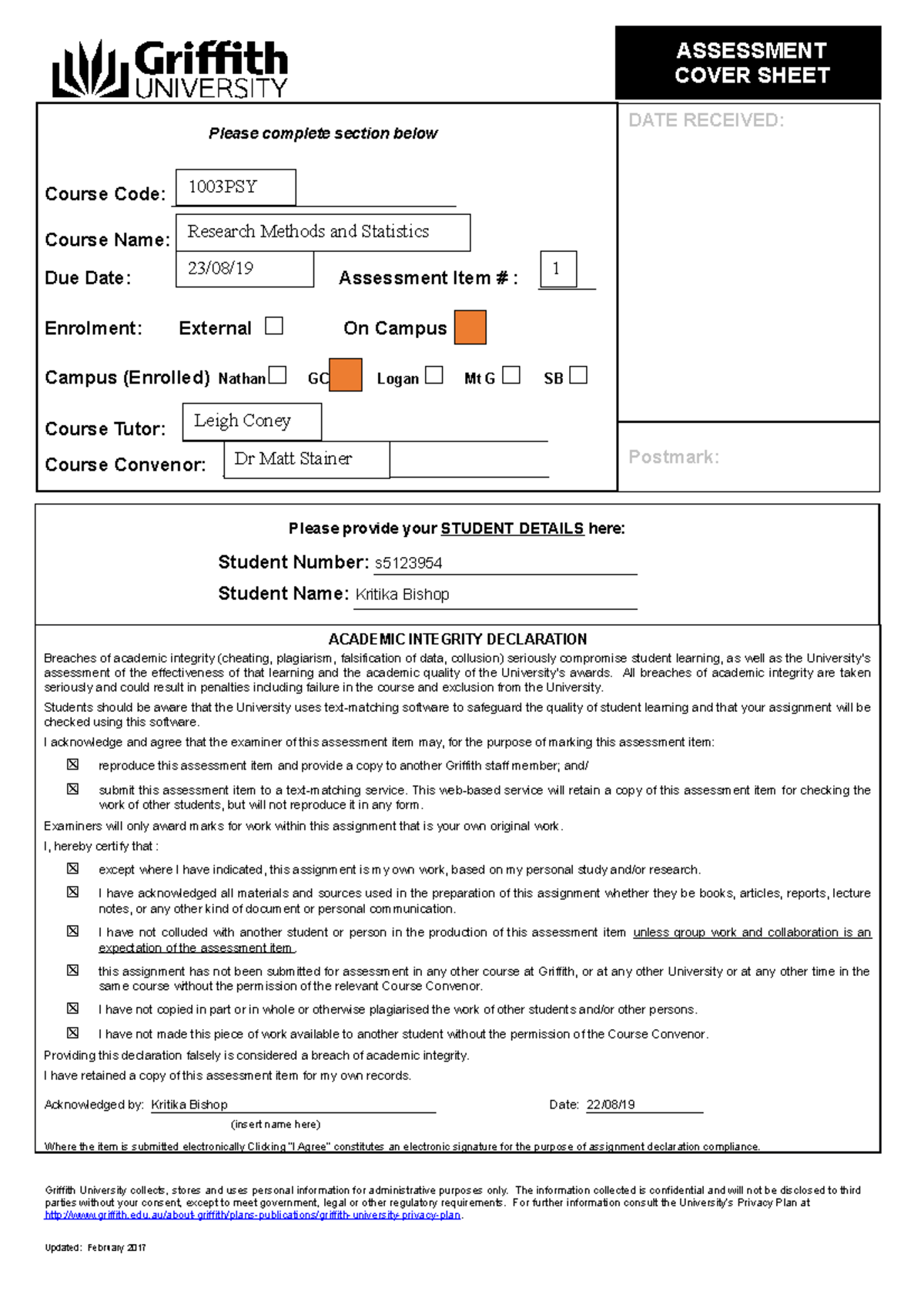 Lab Report - ASSESSMENT COVER SHEET Please complete section below ...