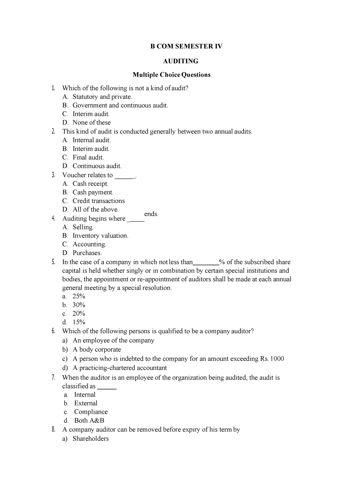 S.Y. B.Com Sem IV Auditing - B COM SEMESTER IV AUDITING Multiple Choice ...