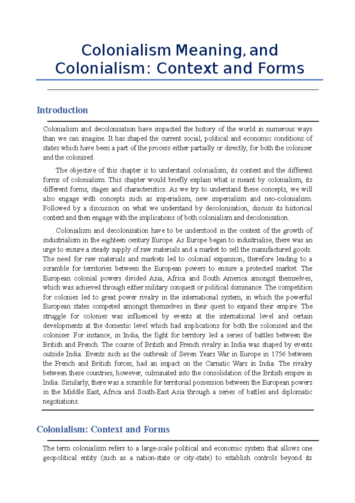 Colonialism Meaning, and Colonialism Context and Forms Colonialism