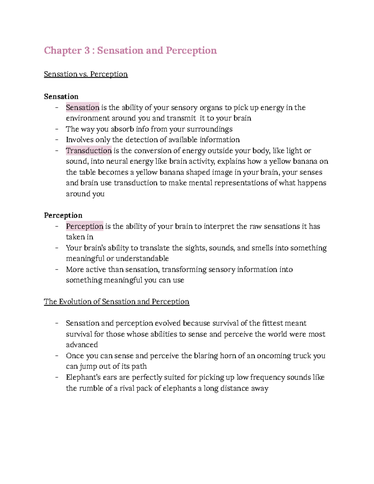 Psychology Chapter 3-5 - Chapter 3 : Sensation And Perception Sensation ...