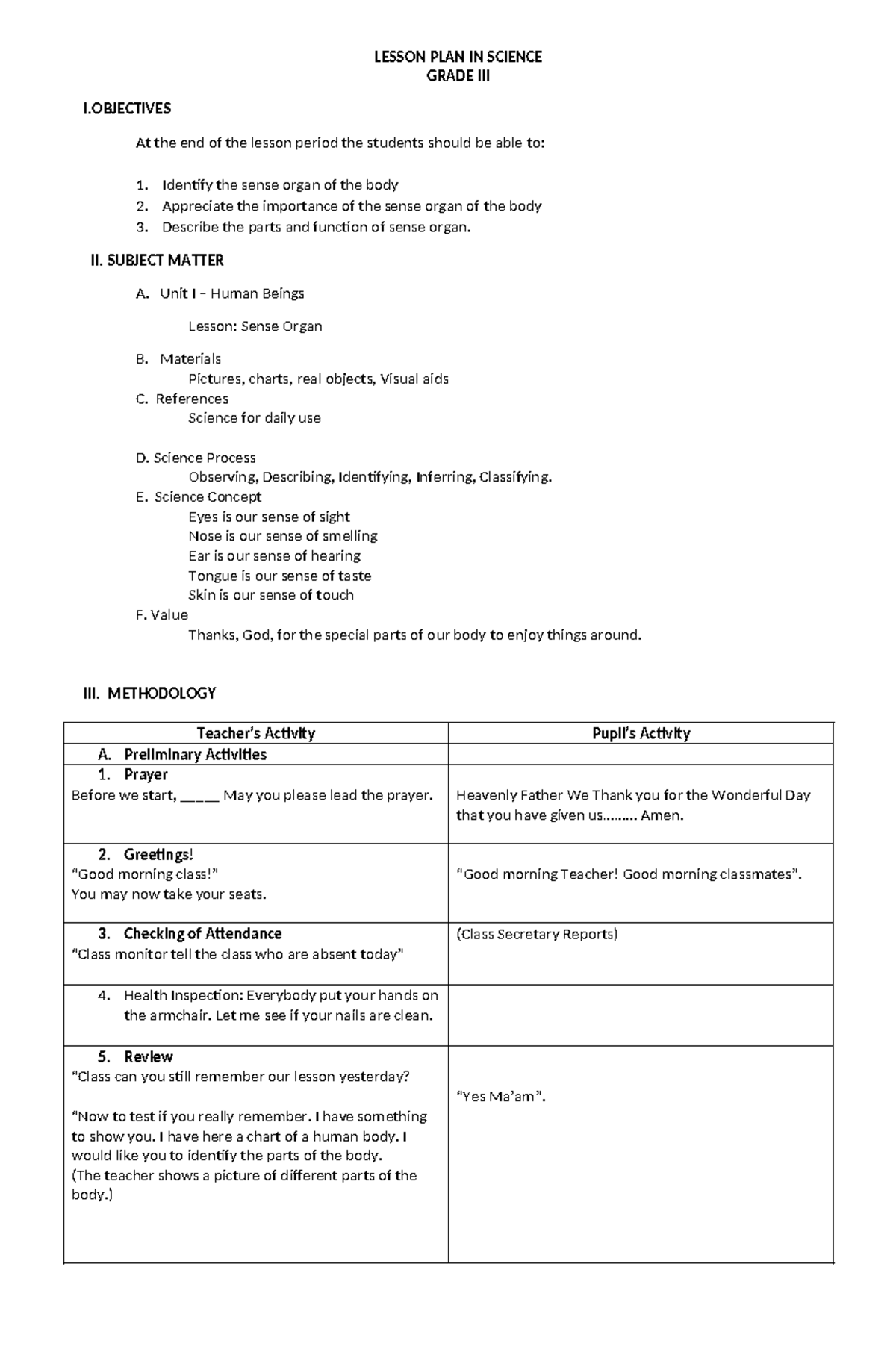 Lesson PLAN IN Science new - LESSON PLAN IN SCIENCE GRADE III I At the ...