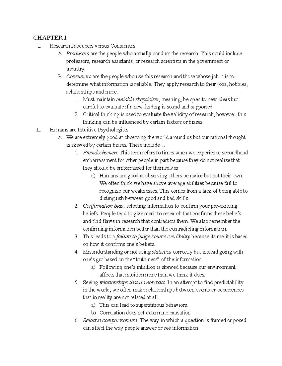 Psych Test 1 - Lecture Notes Unit 1 - CHAPTER 1 I. Research Producers ...