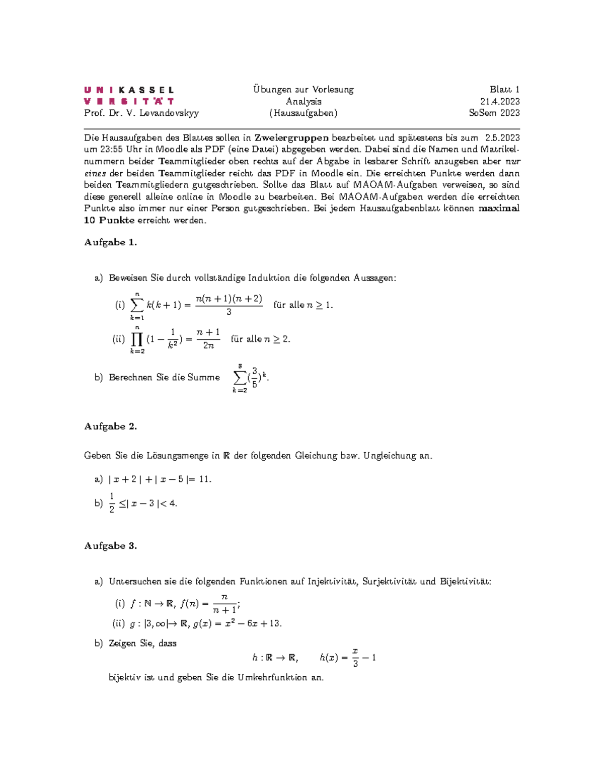 Hausaufgaben Analysis 1 - Prof. Dr. V. Levandovskyy Ubungen Zur ...