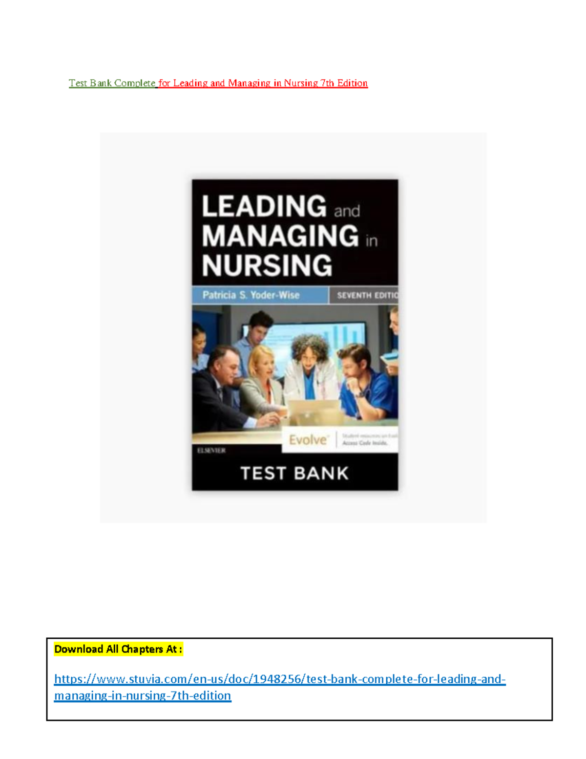 Test Bank for Leading and Managing in Nursing 7th Edition - Studocu