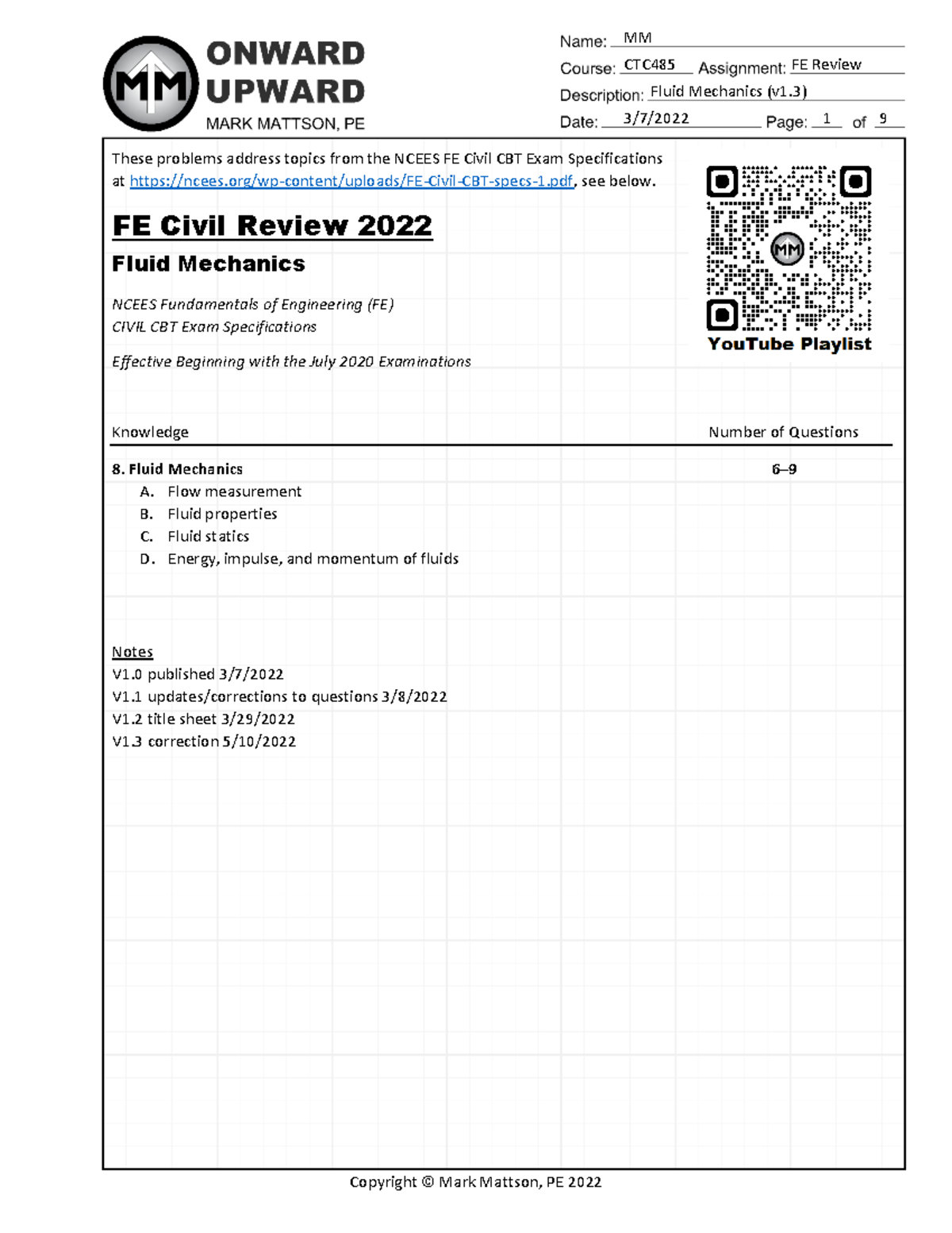 FE Fluid Mechanics 2022 - CTC485 FE Review Fluid Mechanics (v1) 3/7