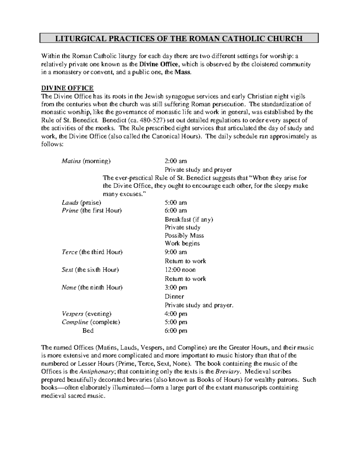 Day 2 RCC Liturgy Handout - LITURGICAL PRACTICES OF THE ROMAN CATHOLIC ...