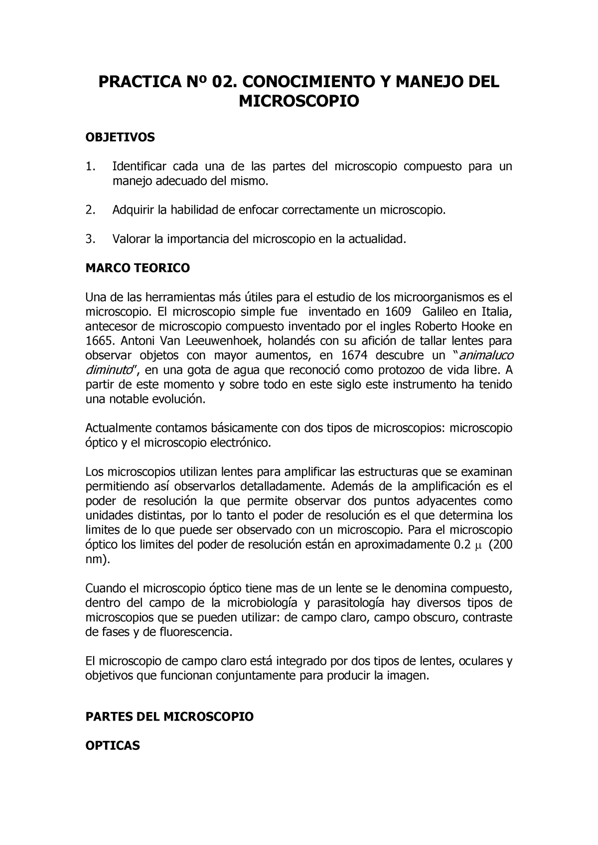 Practica Nº 02 CONOCIMIENTO Y MANEJO DEL MICROSCOPIO PRACTICA Nº 02 CONOCIMIENTO Y MANEJO DEL