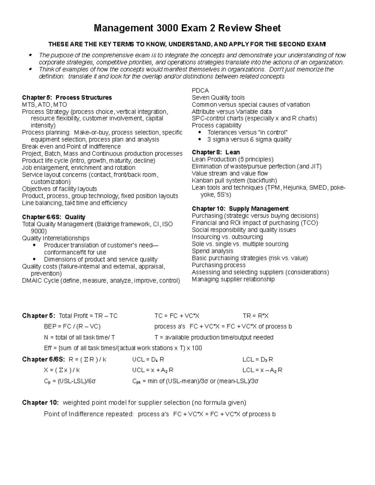 Review sheet exam 2-1 - Management 3000 Exam 2 Review Sheet THESE ARE ...