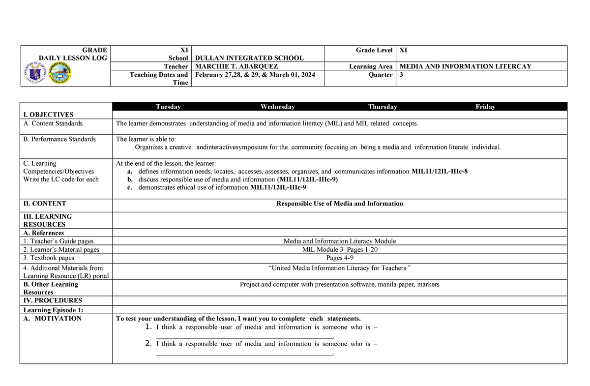 DLL-MIL Week-3 - GRADE DAILY LESSON LOG XI School DULLAN INTEGRATED ...