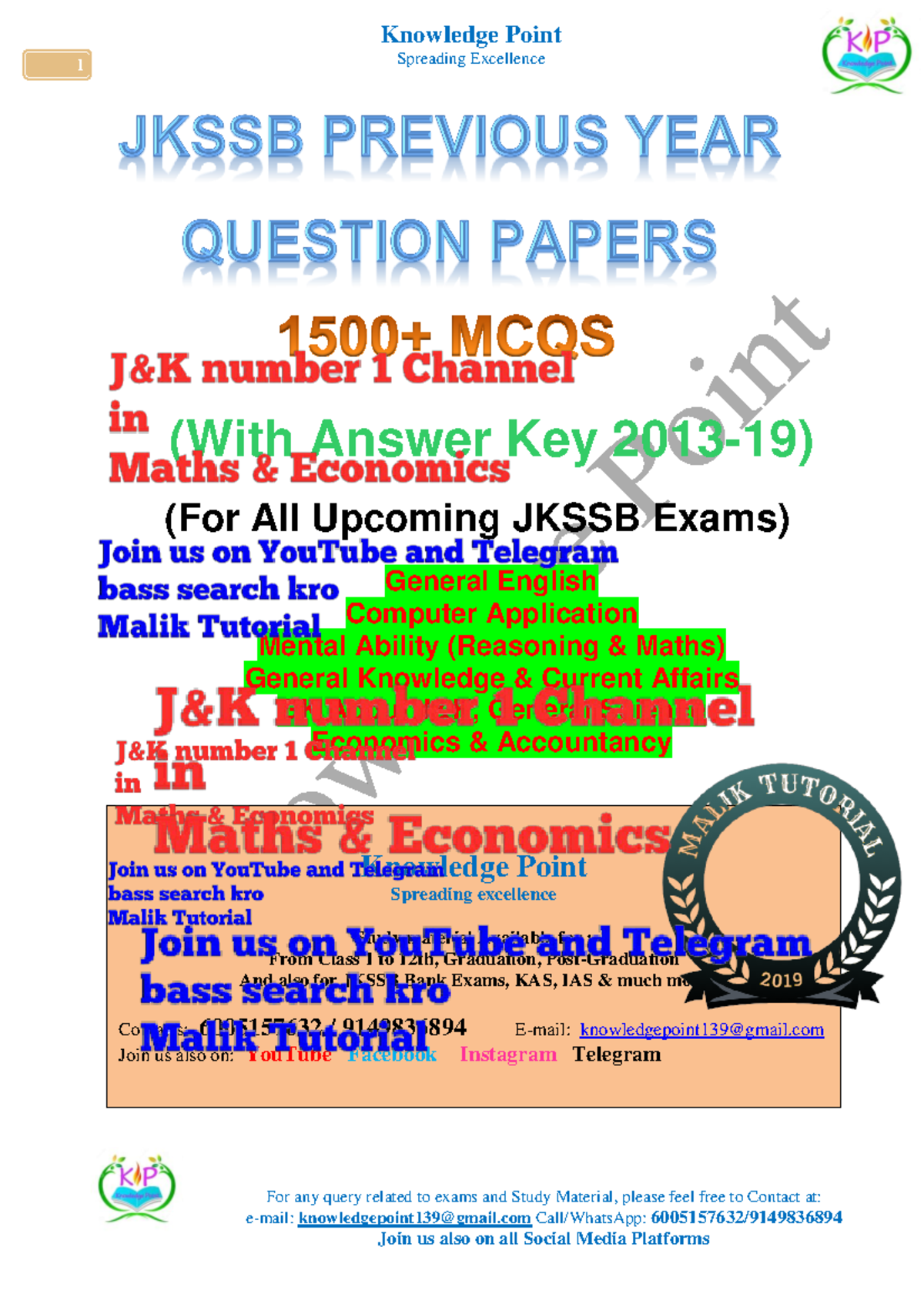 Jkssb Previous years Question Papers Malik Tutorial - Bachelor of ...