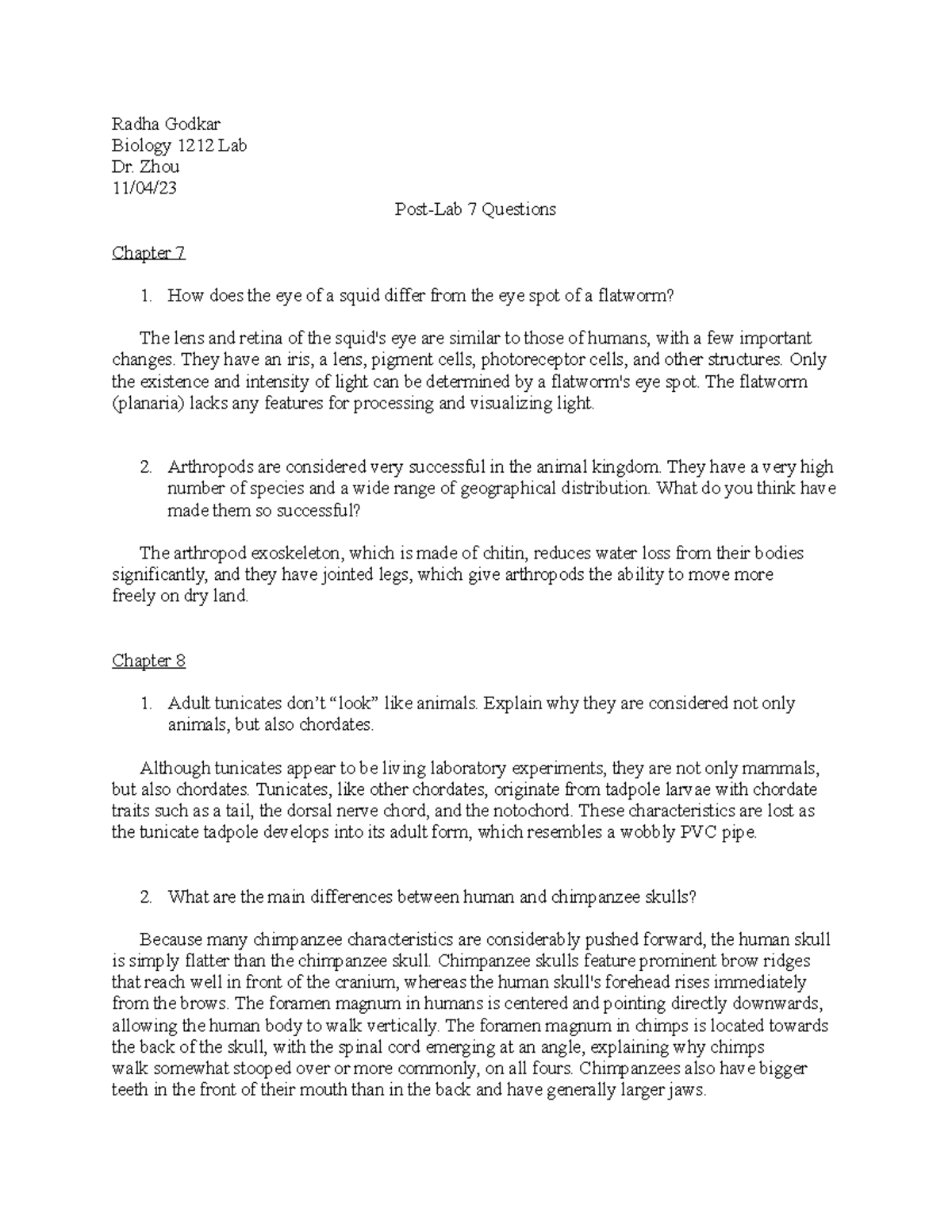 Post lab 6 bio bio lab Radha Godkar Biology 1212 Lab Dr. Zhou 11/04