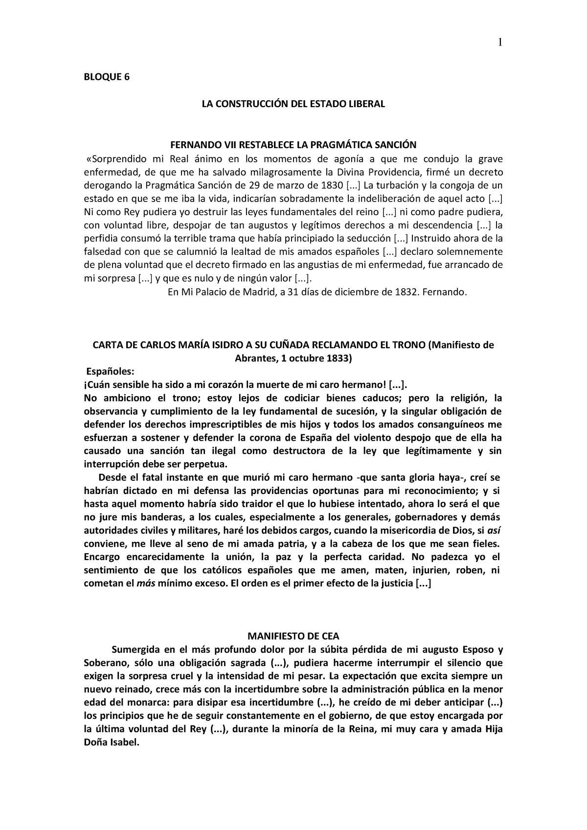 Historia Textos B6 EVAU - BLOQUE 6 LA CONSTRUCCIÓN DEL ESTADO LIBERAL ...