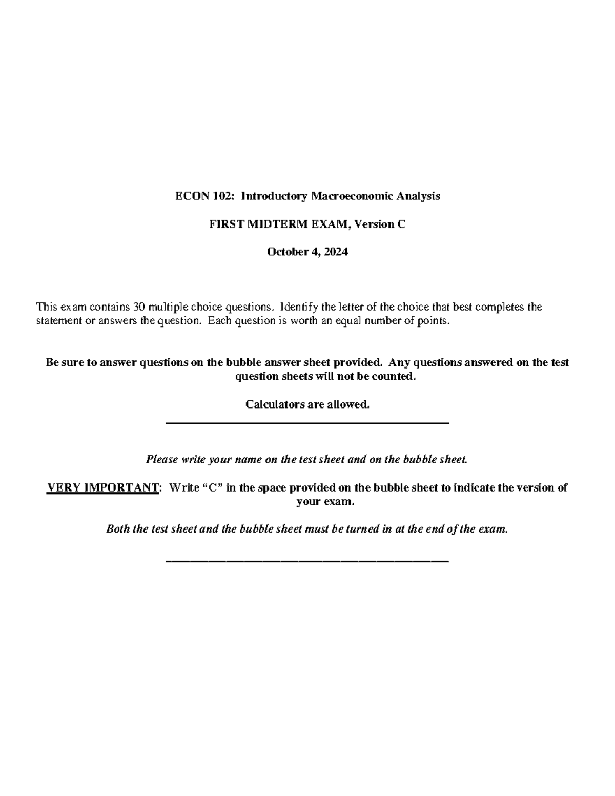 Midterm Verision C EC 102 - ECON 102: Introductory Macroeconomic ...