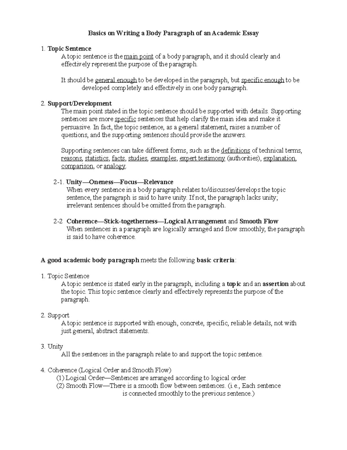 Basics on Writing a Body Paragraph of an Academic Essay-GW - It should ...