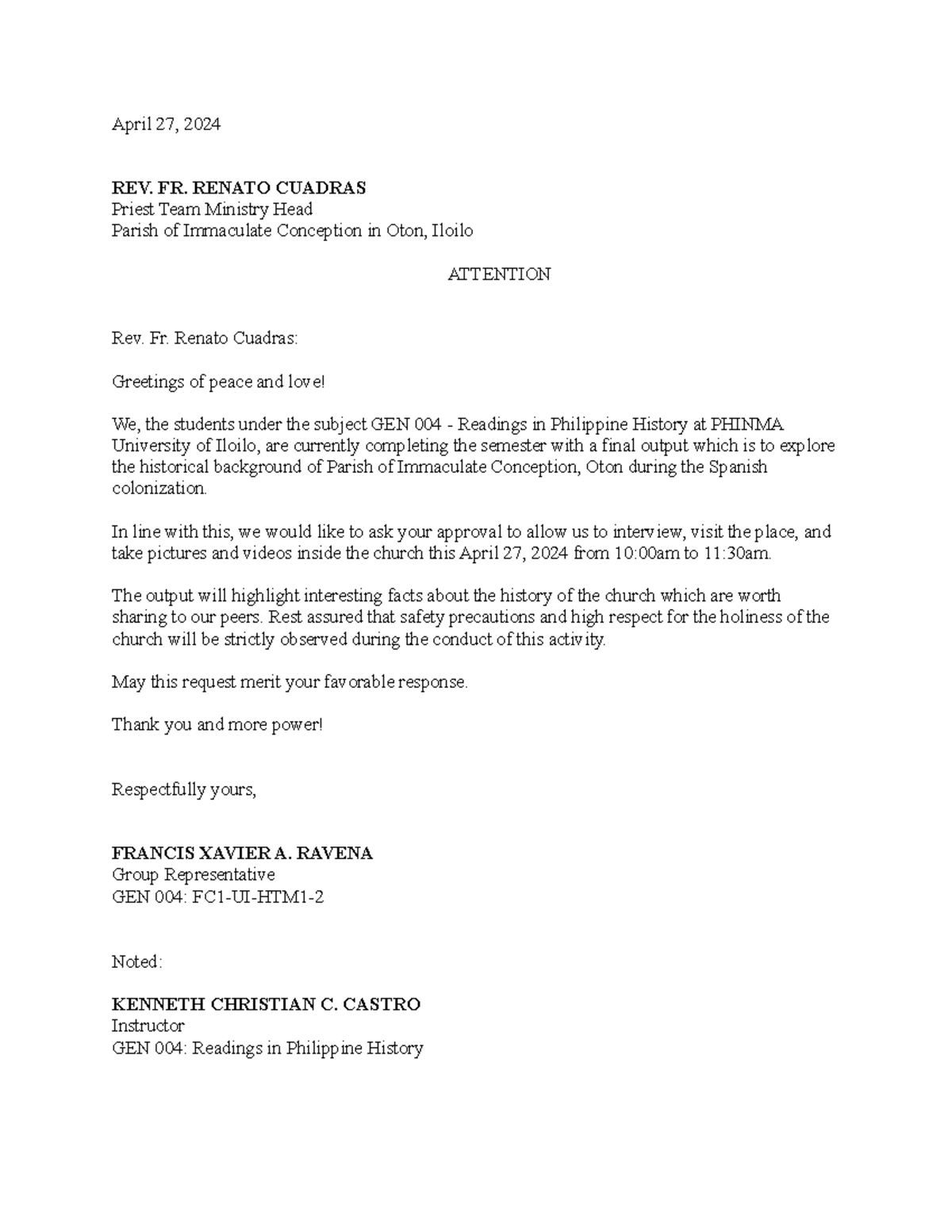 Letter TO Parish OF Immaculate Conception OTON - April 27, 2024 REV. FR ...