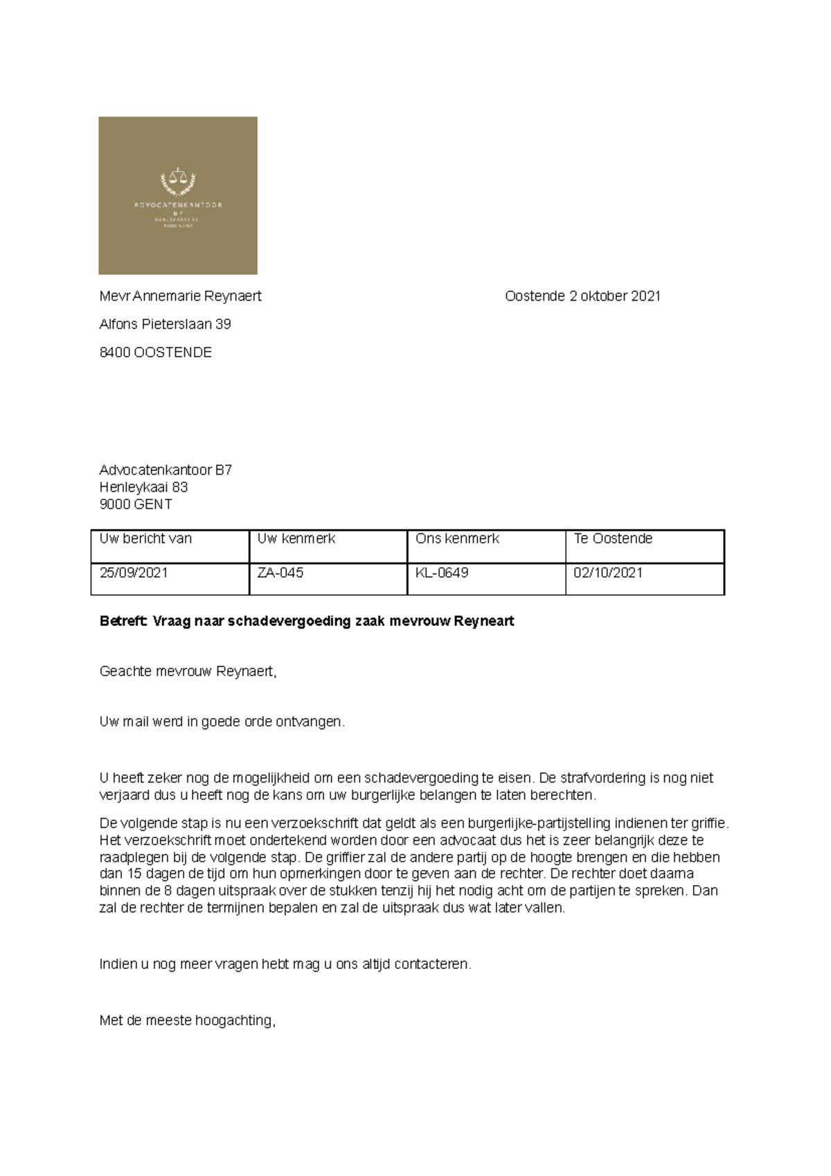 Brief project overheid - Mevr Annemarie Reynaert Oostende 2 oktober ...