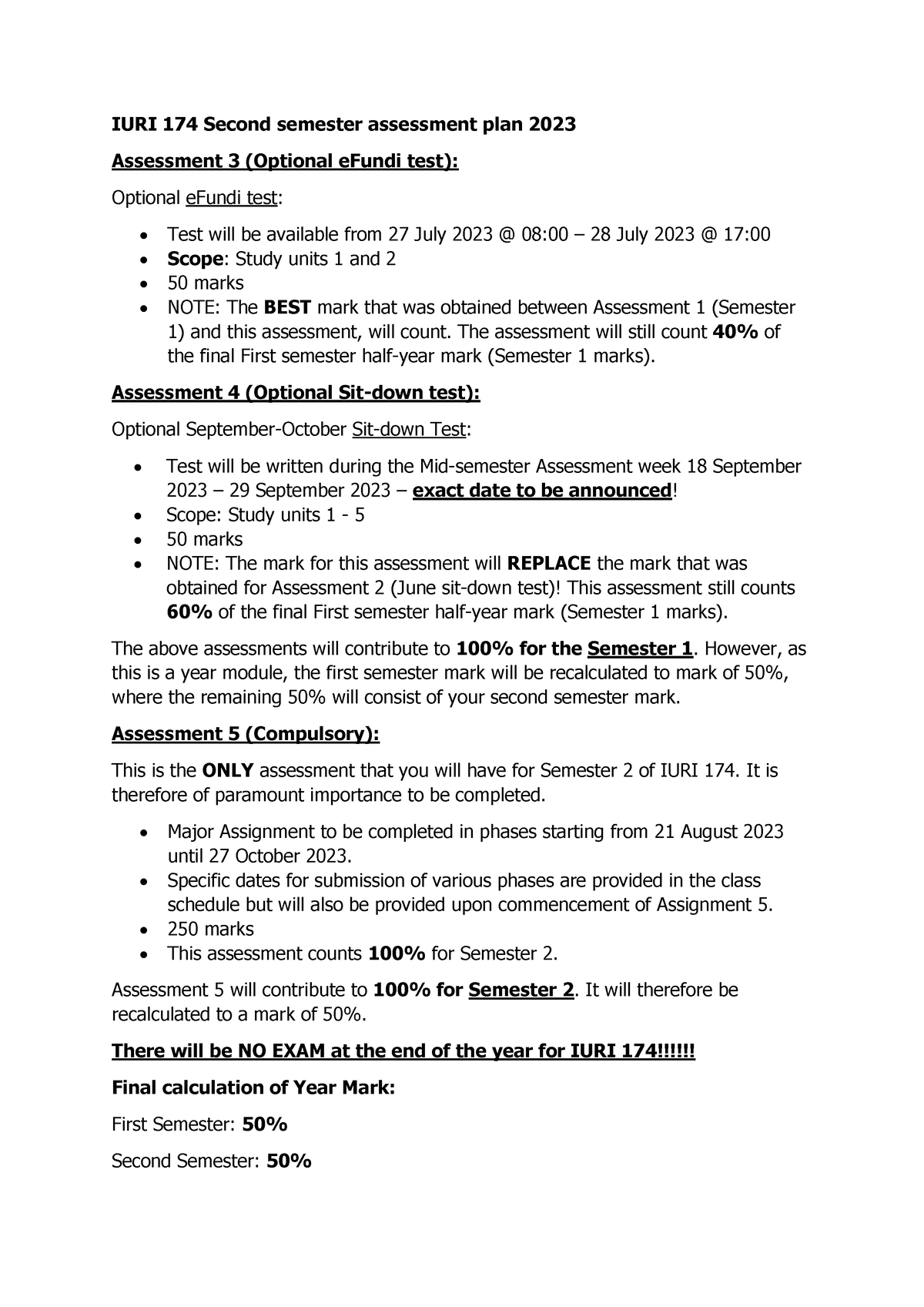 Second Semester Assessment Plan 2023 Iuri 174 Second Semester Assessment Plan 2023 Assessment 5314