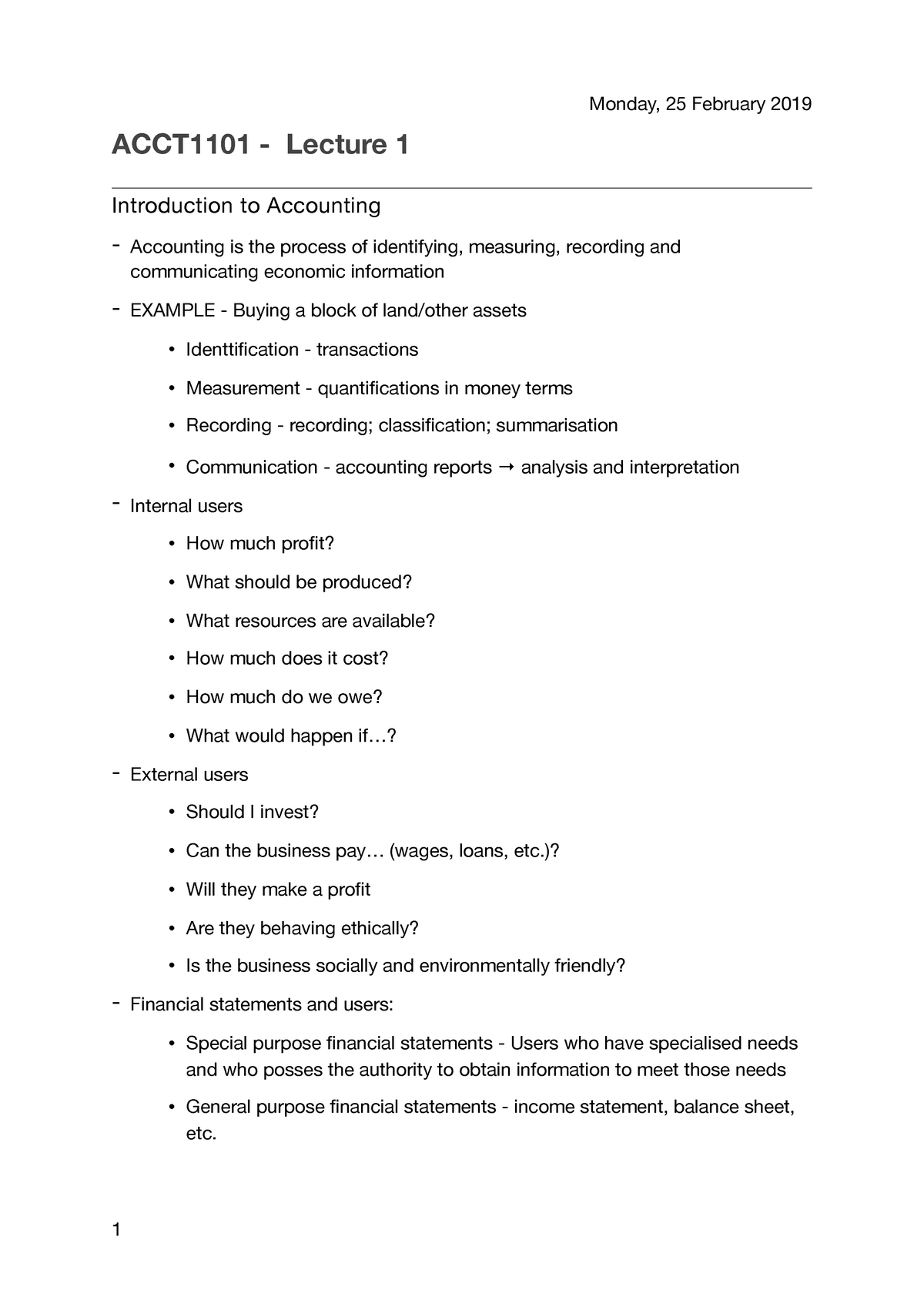 ACCT1101 - Lecture 1 - Notes - Monday, 25 February 2019 ACCT1101 ...