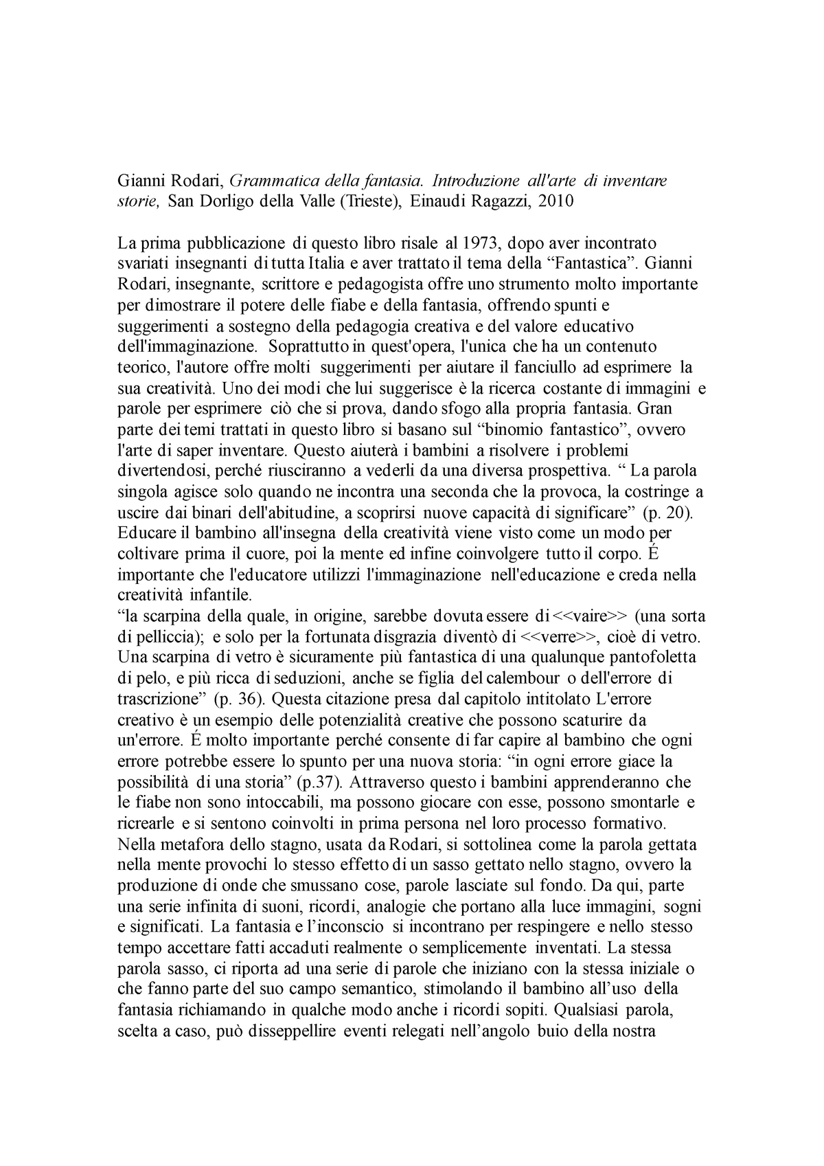 Grammatica Della Fantasia - Pedagogia generale - Studocu