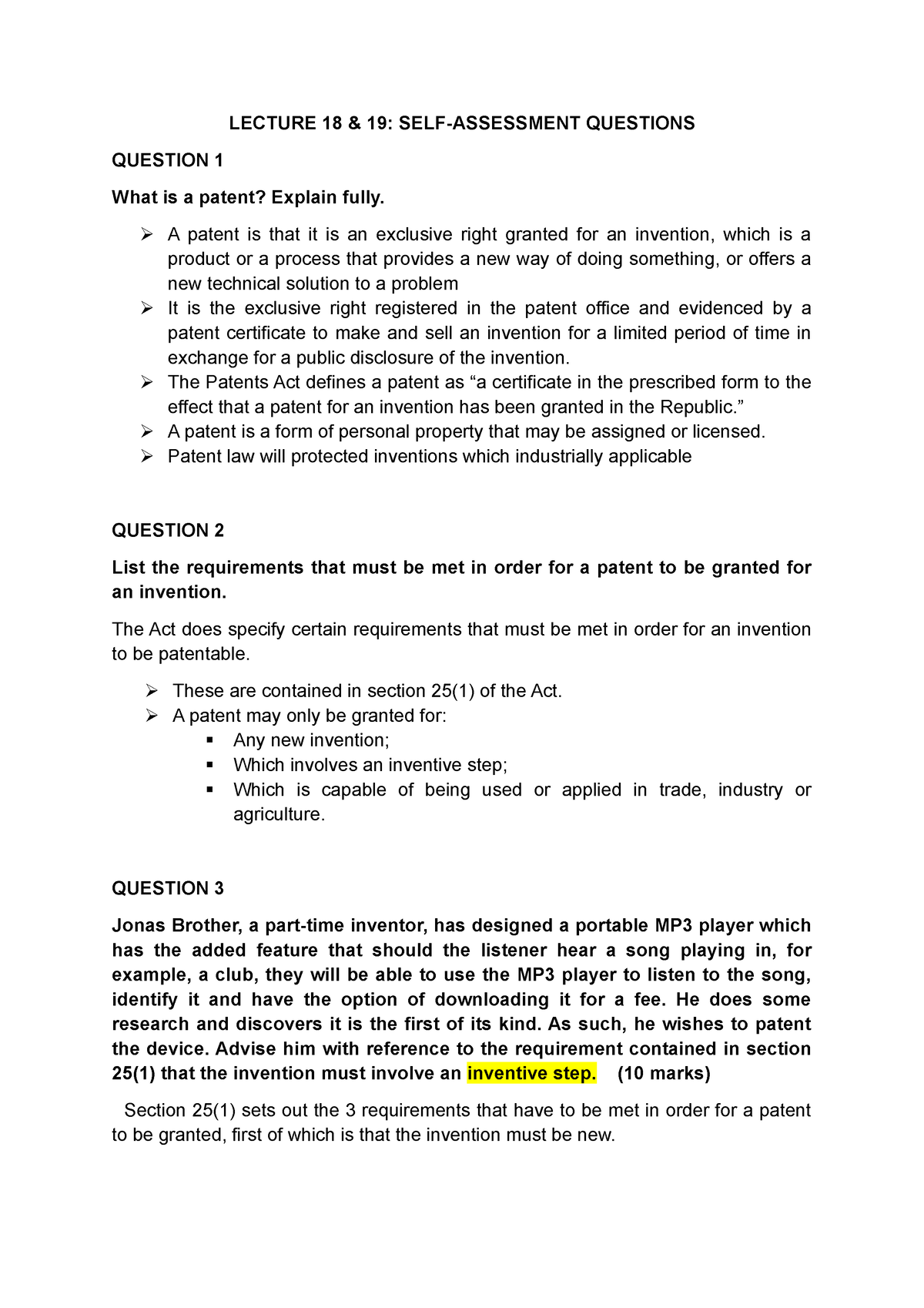 Answers to Patents - JMRV 401 - Mandela - Studocu