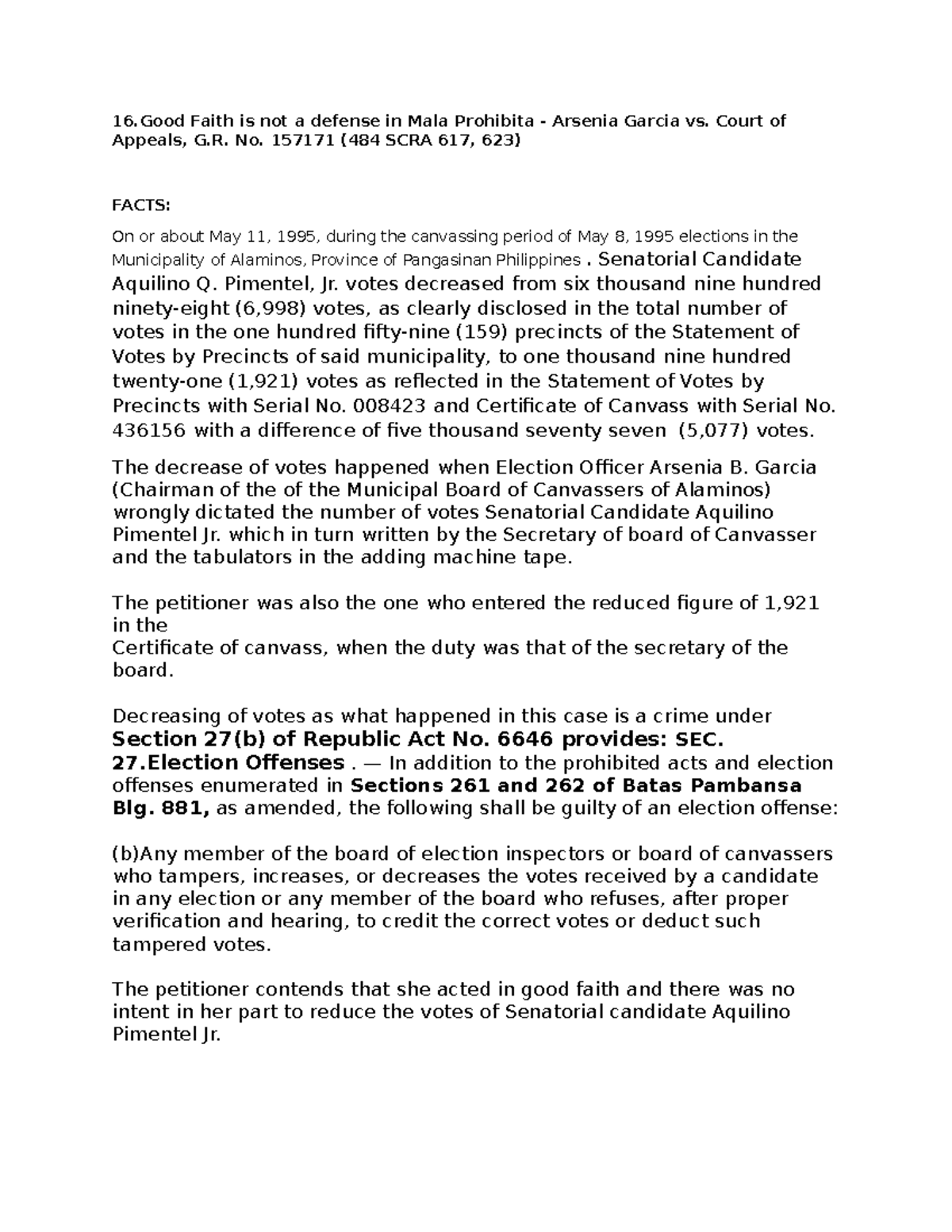 16.Good Faith is not a defense in Mala Prohibita - Arsenia Garcia vs ...