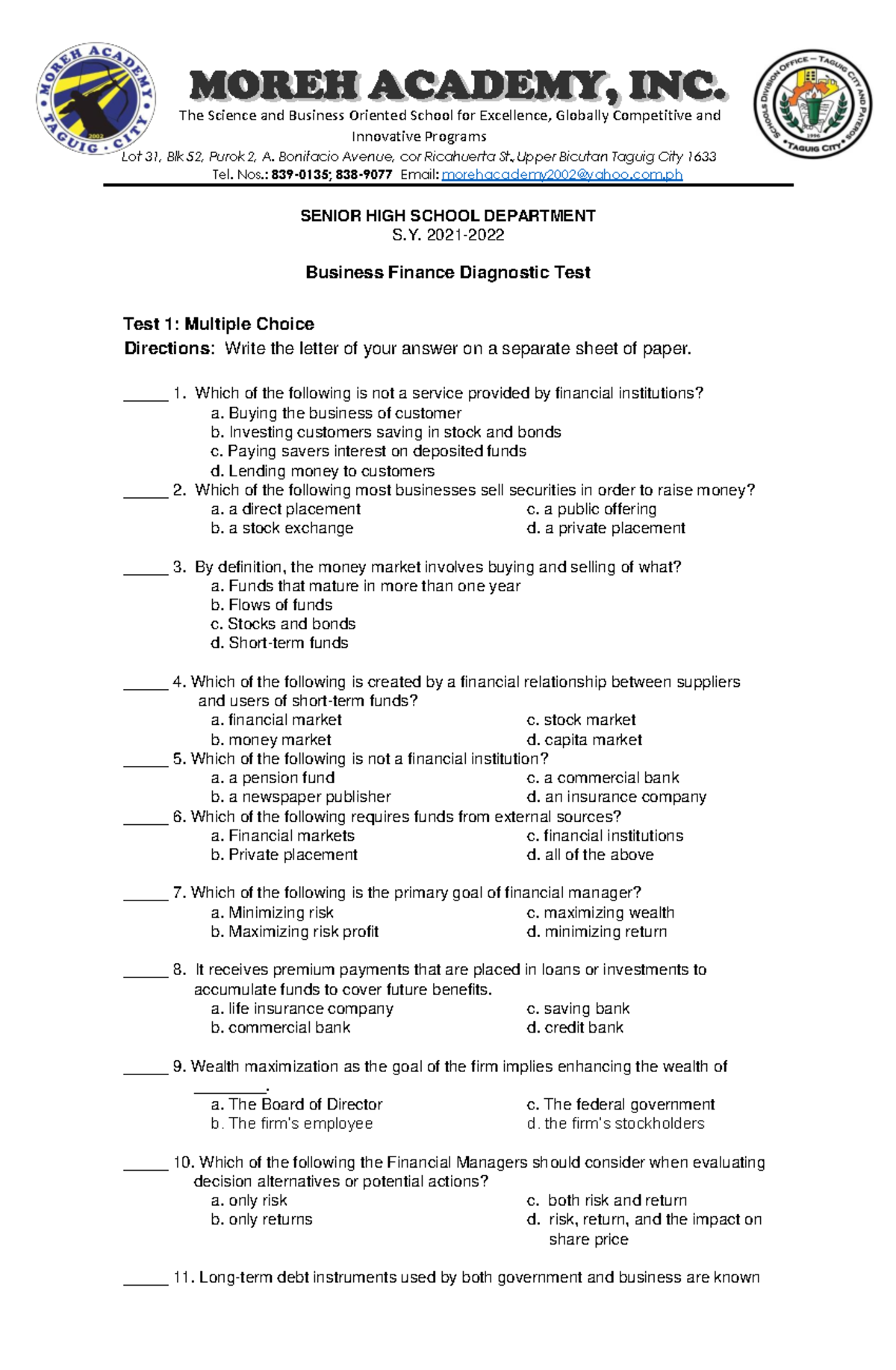 Business Finance Diagnostic TEST Education Studocu