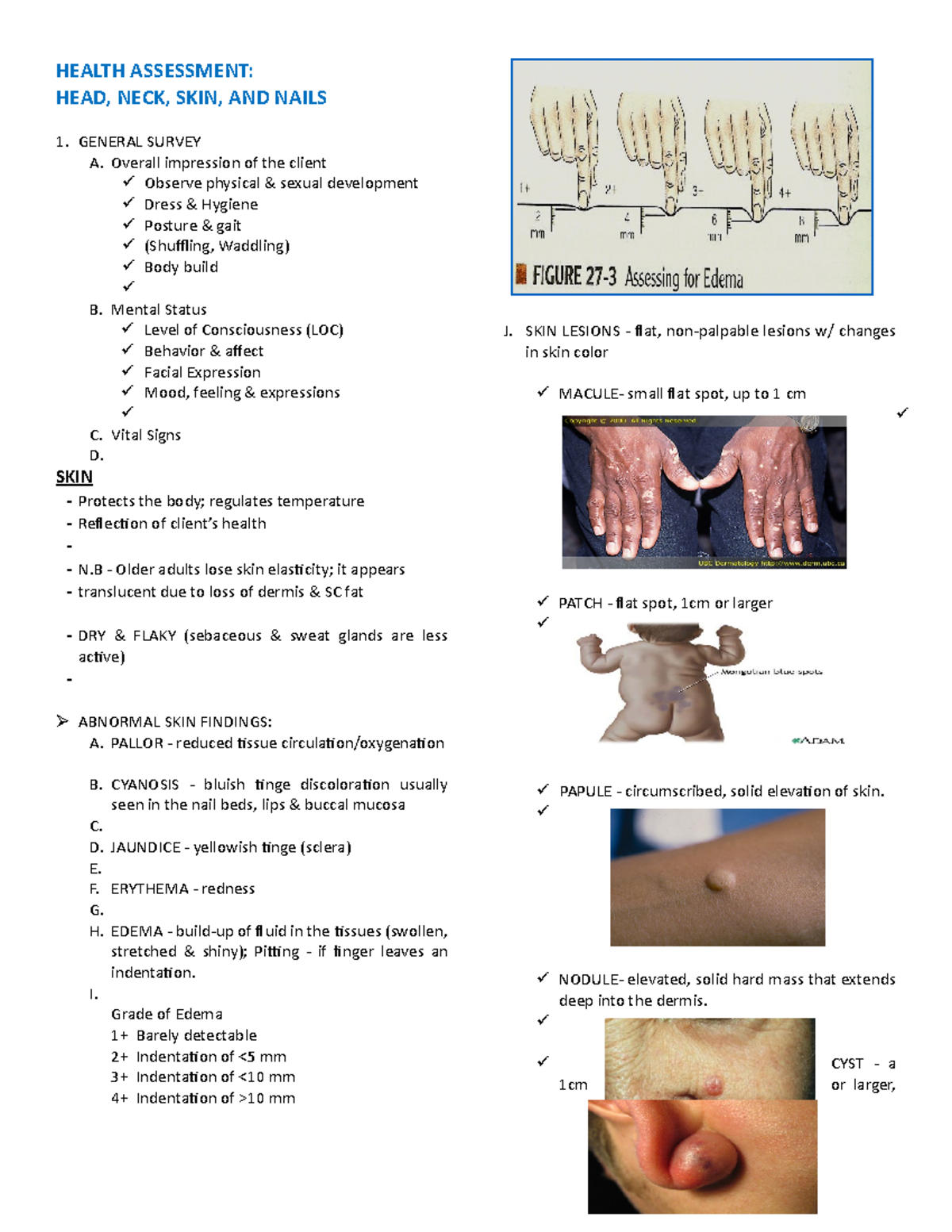 Health Assessment Head, Neck, Skin, And Nails - Nursing - Studocu