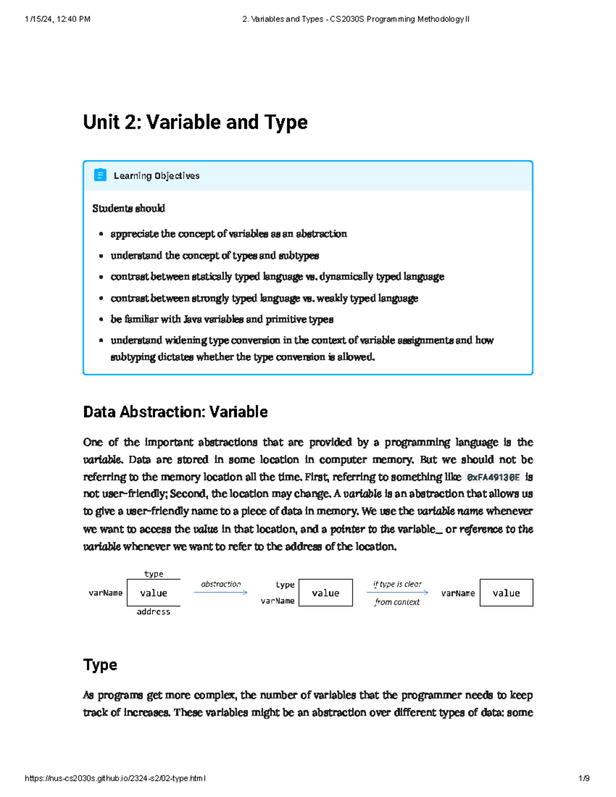 Unit 2 Variables and Types - Unit 2: Variable and Type Students should ...