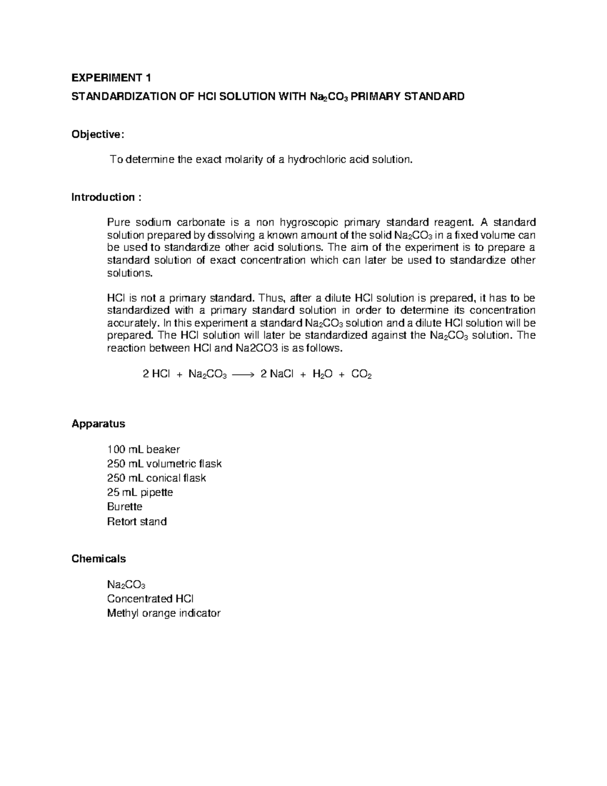 Experiment 1 Standardization OF HCl SOLU - EXPERIMENT 1 STANDARDIZATION ...