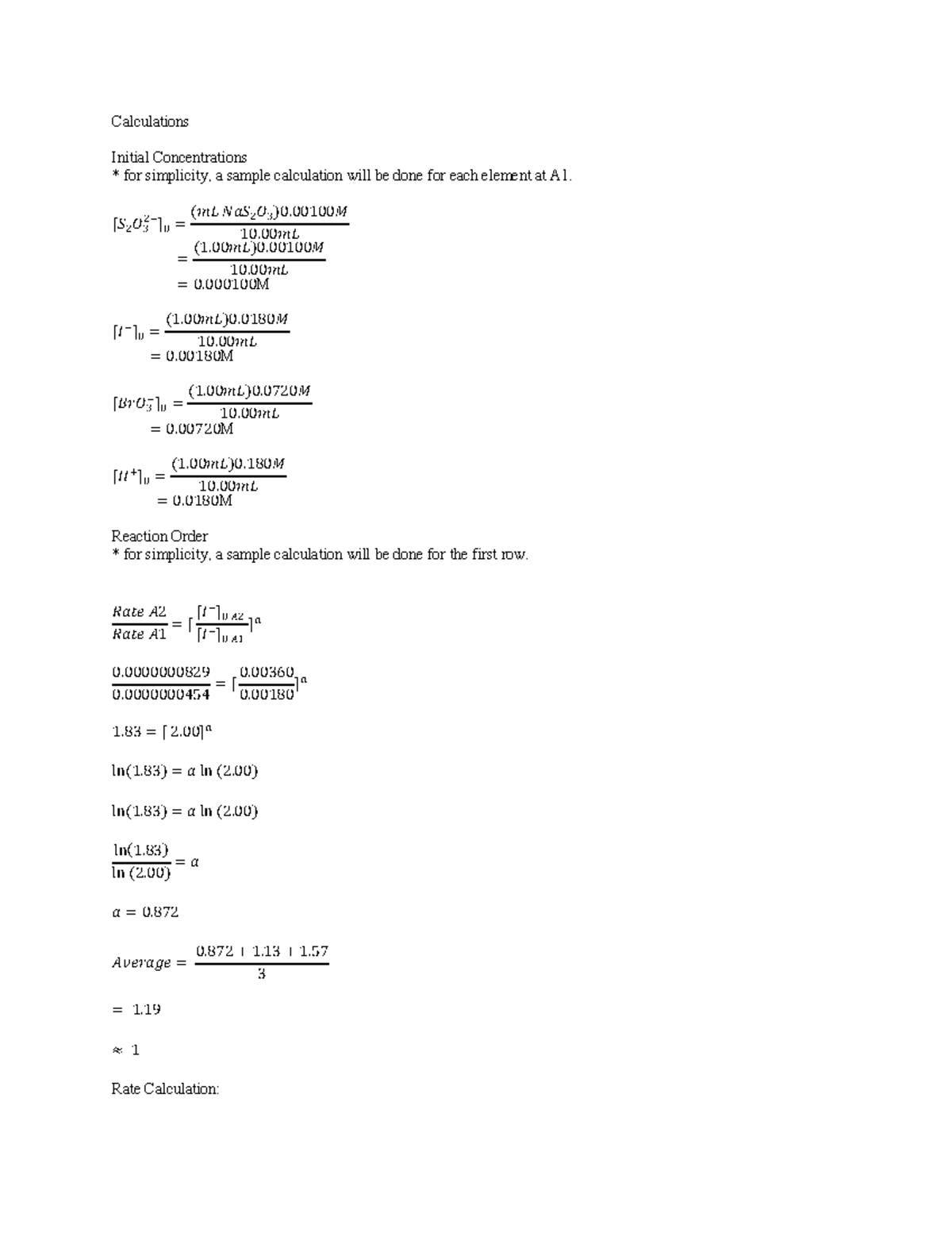 Calculations Chem1311 Lab 5 - Calculations Initial Concentrations for ...