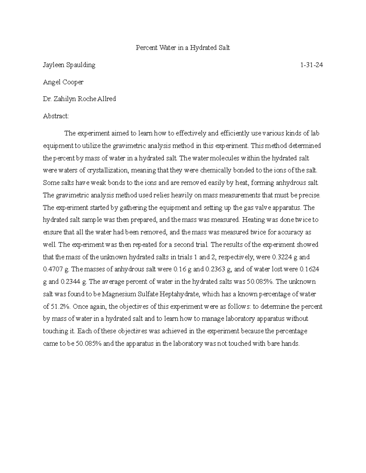 Experiment 5 Lab Report Percent Water in a Hydrated Salt Jayleen