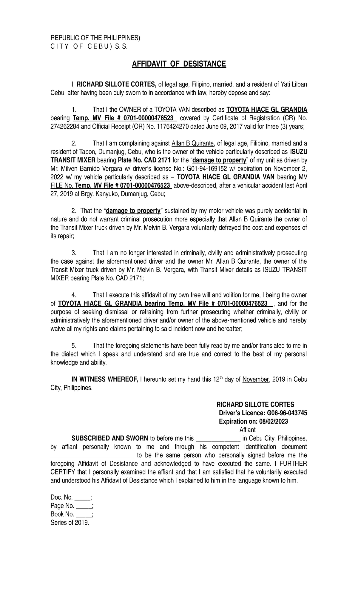 Affidavit Of Desistance Tagalog